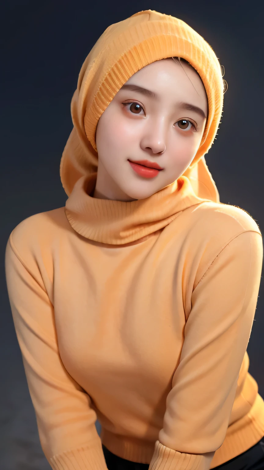 a 20 yo woman,hijab, soft orange sweater, dark theme, soothing tones, muted colors, high contrast, (natural skin texture, hyperrealism, soft light, sharp), simple background, smile, natural beauty