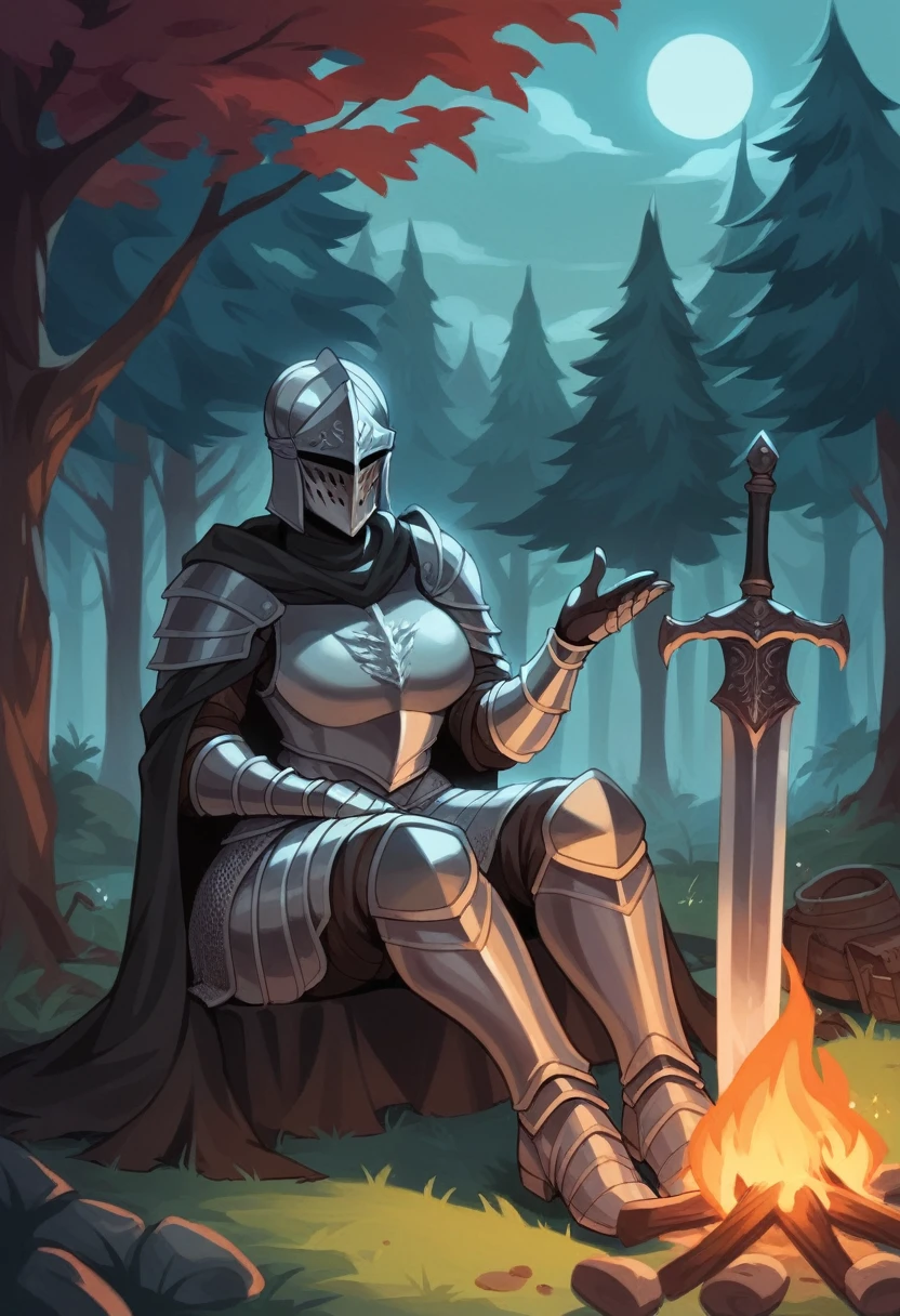 A terrifying female knight in rusted black armour, covered head to toe, black iron armour, mature woman, dark fantasy, dark souls, Apollyon from For Honor, plume on helmet, sitting down with a sword, sitting by a campfire at night, beautiful forest, seductive allure