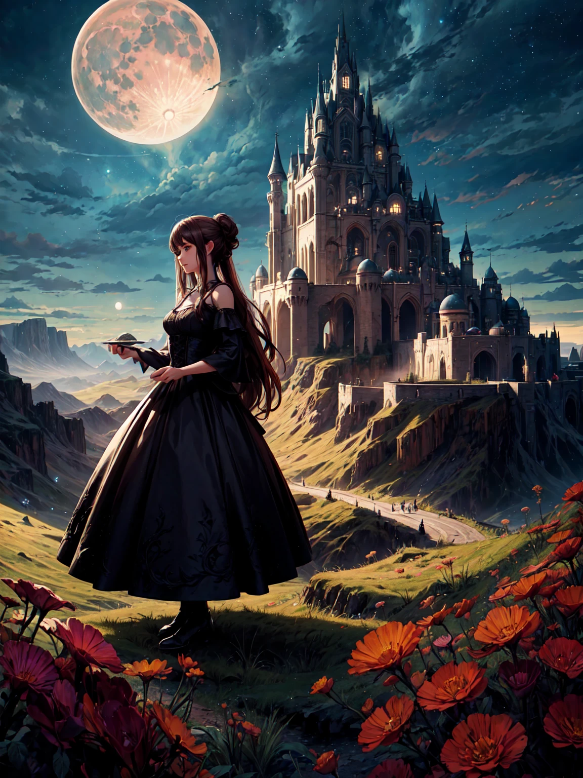 a beautiful witch in a fantasy landscape, dark long dress, detailed digital art, 1girl, beautiful detailed face, brown hair, hair up, castle, mountains, moon, flowers, paper cut