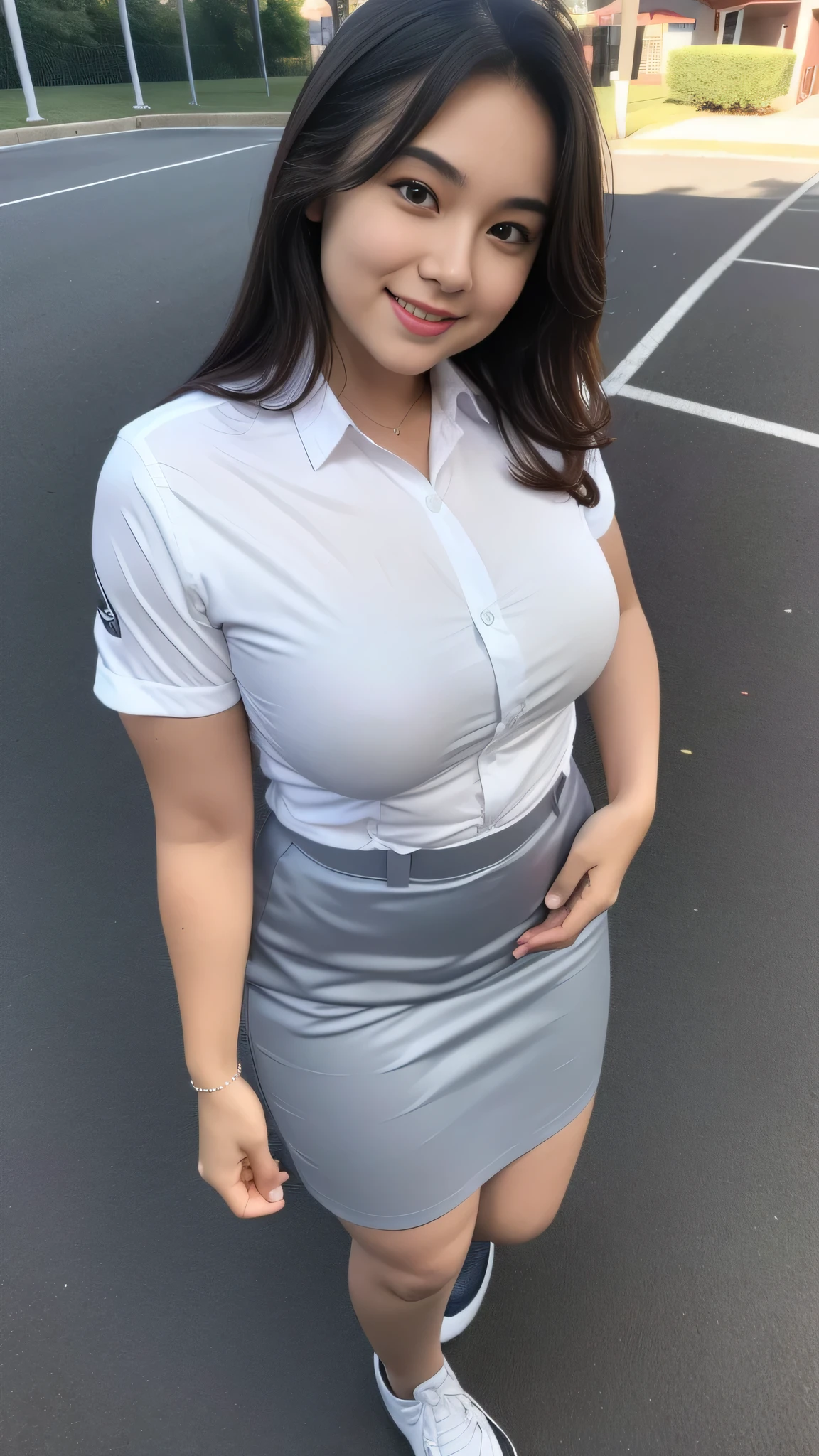 1girl, solo, (uniform), standing, outdoors, (ultra wide angle shot: 1.4), beautiful scenery, detailed face, seductive smile, detailed eyes, thick breasts, smooth skin, tight white shirt, grey blue short skirt, looking at the audience, low angle shot,(8k, RAW photo, best quality, masterpiece: 1.2), (realistic, realistic: 1.37), ultra-high resolution