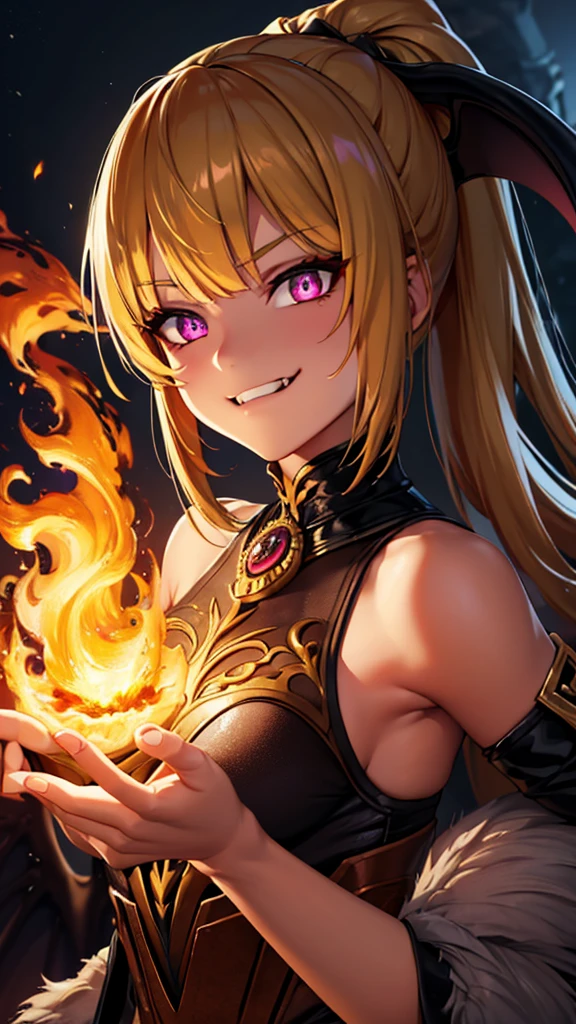 (masterpiece, best quality, absurdres), high quality, highres, ultra detailed, intricate, depth of field, cinematic lighting, soft lighting, yellow light, night, close-up, looking at viewer, beautiful woman, 1girl, dragon girl, small breasts, blonde, ponytail ,purple eyes, ((predator pupils, glowing eyes)),black horns, wings, ((evil smile, fangs, smirk)), fantasy, realistic fire in background, surrounded by fire, embers, molten rock