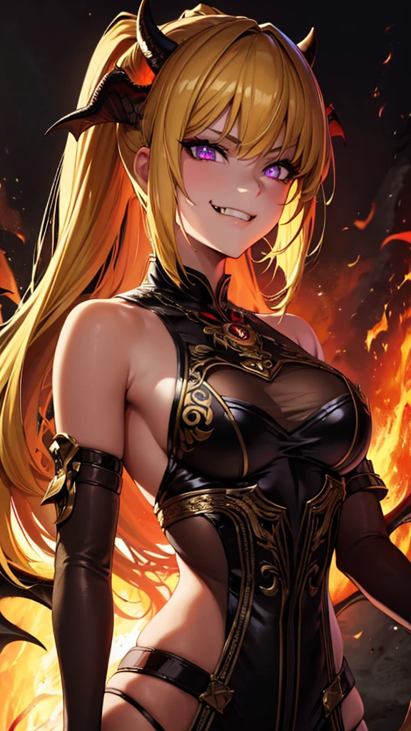 (masterpiece, best quality, absurdres), high quality, highres, ultra detailed, intricate, depth of field, cinematic lighting, soft lighting, yellow light, night, close-up, looking at viewer, beautiful woman, 1girl, dragon girl, small breasts, blonde, ponytail ,purple eyes, ((predator pupils, glowing eyes)),black horns, wings, ((evil smile, fangs, smirk)), fantasy, realistic fire in background, surrounded by fire, embers, molten rock