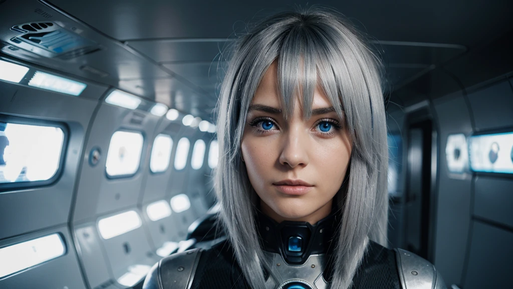 woman looking at camera hair silver, eyes blue futuristic realistic
