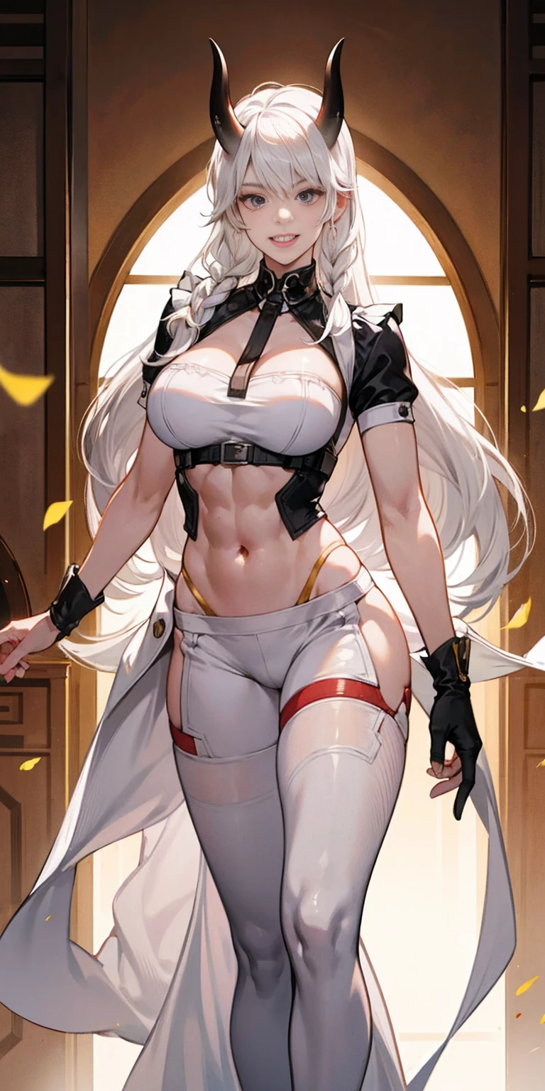 sensual, long blonde hair, thick thighs, 8K, 4K, highest quality, High resolution:1.2), cute anime face, noise reduction, shining blue eyes, gentle smile, Gentle eyes、wearing a headband, White bodysuit、toned abdominal muscles, muscular arms, muscular legs, (((exposed nipples))). , young face, anime chic eyes,  Lock,,O-ring,elbow bag,collar,cuffs ,thigh strap,thigh boots, Harness、全身Harness、garter belt、(((Rear view、emphasize the buttocks、T-back that digs into your butt)))、(((big breasts、Breasts that are about to burst)))