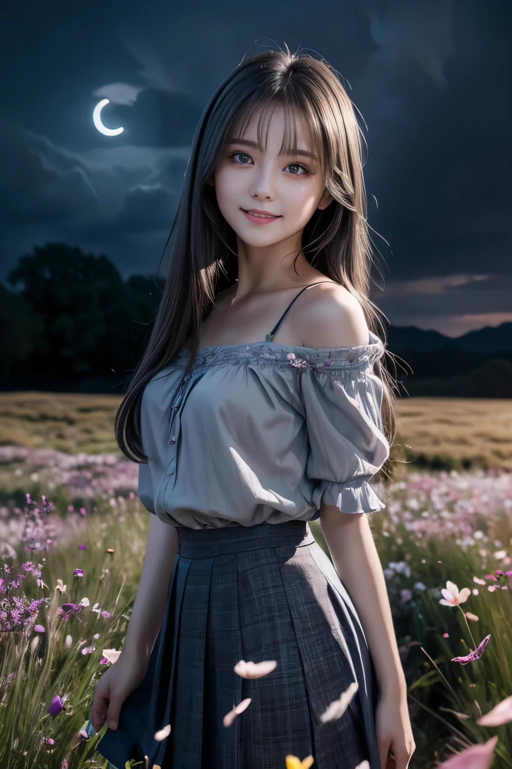 masterpiece, Highest quality,, One girl, (colorful),(Beautifully detailed eyes and face),cinematic Lighting,Bust Shot,Highly detailed 8k raw photos,Gray Hair,alone,smile,Complex skirt,((Flying petals)),(Flowery meadow), null, cloudy_null, building, moonLight, moon, night, (Dark Theme:1.3), Light, Fantasy,