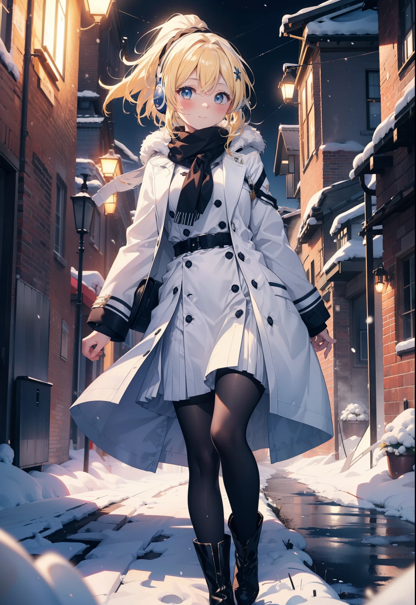 Eliase, catalyst, Yellow Hair, blue eyes, Hair Ribbon,ponytail,Earmuffs,smile,blush,Open your mouth,White Breath,White scarf,Light blue long coat,White long skirt,Black pantyhose,short boots,Walking,snowが降っている,snowが積もっている,snow,snow,snow,night,whole bodyがイラストに入るように,
break looking at viewer,whole body,
break outdoors,Residential Street,
break (masterpiece:1.2), Highest quality, High resolution, unity 8k wallpaper, (figure:0.8), (Beautiful attention to detail:1.6), Highly detailed face, Perfect lighting, Highly detailed CG, (Perfect hands, Perfect Anatomy),