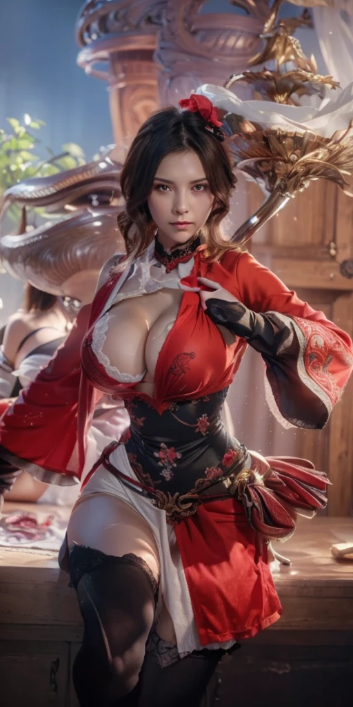 masutepiece, Best Quality, Illustration, Ultra-detailed, finely detail, hight resolution, 8K Wallpaper, Perfect dynamic composition, Beautiful detailed eyes,  Natural Lip, sexy knitted dress , Big breasts, cleavage, Random sexy poses, full body, (open breast) , (huge breast) ,  nice breast