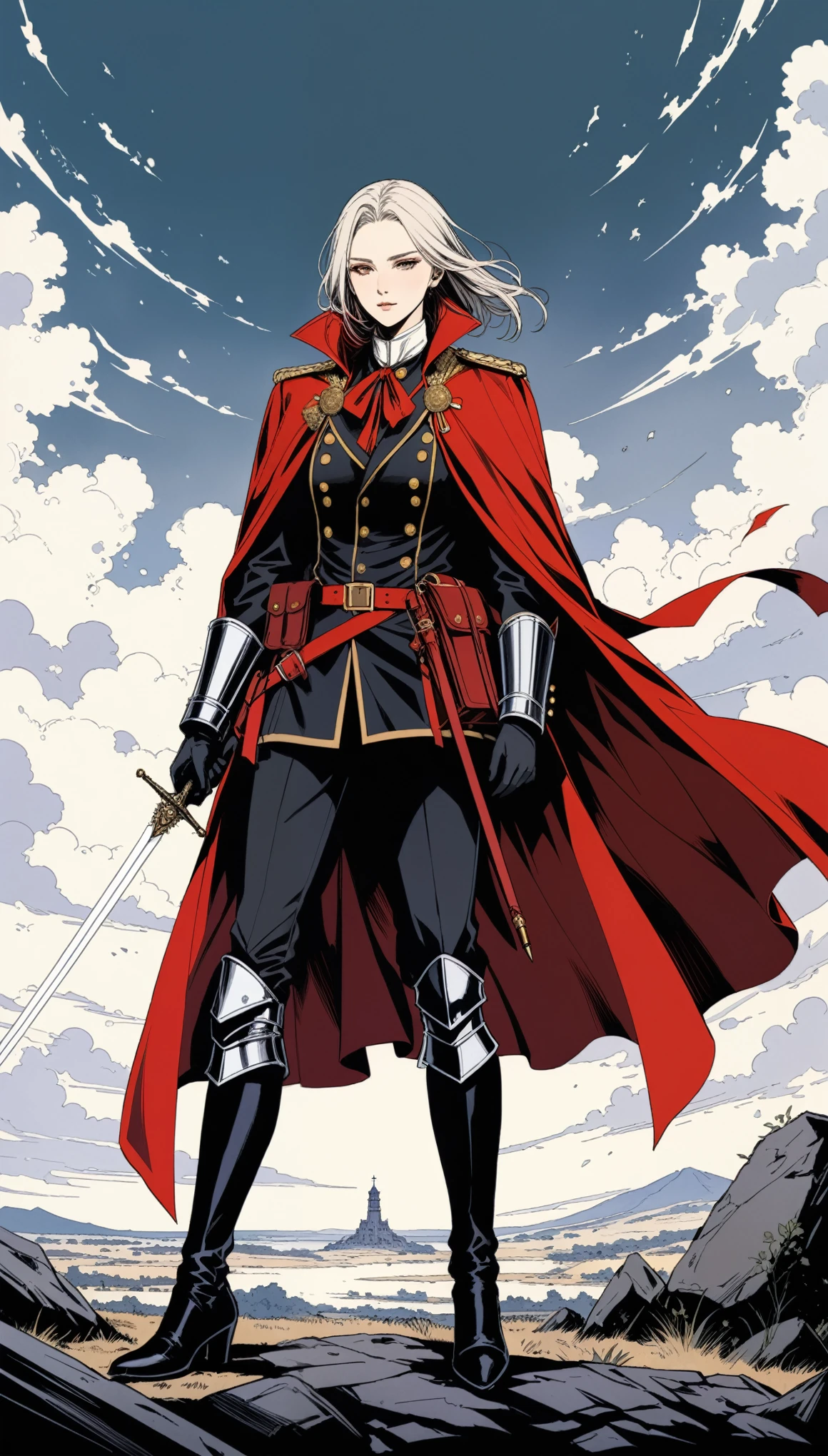 (in style of Harry Clarke:0.5),in style of Santiago Caruso,
1girl,holding a fancy rapier in his hand,military uniforms,neckwear_request,red general's cape,ribbon,wilderness battlefield,imposing generals,