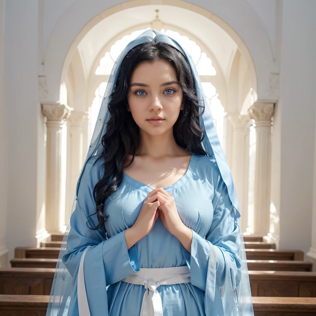 Beautiful woman with light blue eyes, curly black hair, wearing a blue tunic with wide, long sleeves adjusted at the waist by a white sash. Wear a thick white veil.