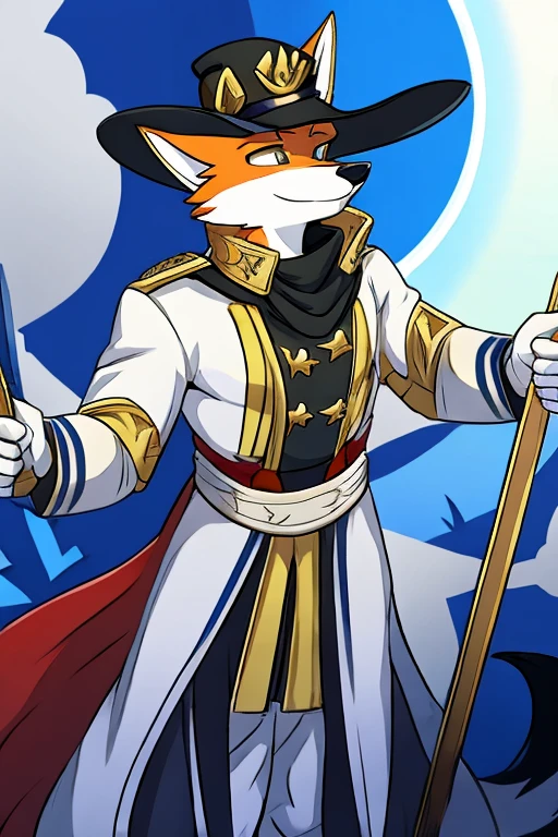 fox man, high, white army general costume, black hat, wicked, leader
