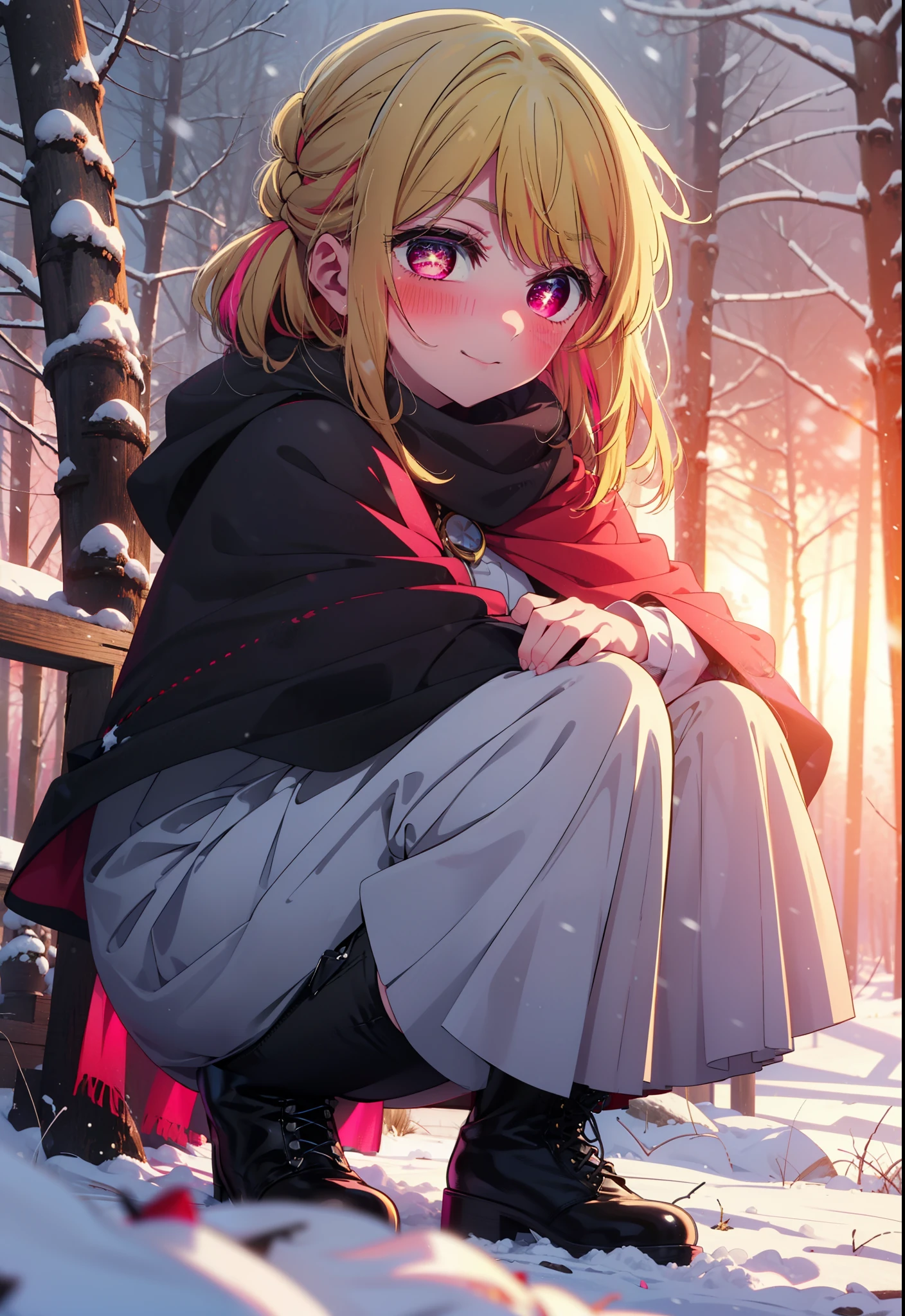 rubyhoshino, Hoshino Ruby, Long Hair, bangs, blonde, (Pink Eyes:1.3), Side Lock, (Symbol-shaped pupil:1.5), Multicolored Hair, Two-tone hair, smile,,smile,blush,white breath,
Open your mouth,snow,Ground bonfire, Outdoor, boots, snowing, From the side, wood, suitcase, Cape, Blurred, , forest, White handbag, nature, Squat, Mouth closed, Cape, winter, Written boundary depth, Black shoes, red Cape break looking at viewer, Upper Body, whole body, break Outdoor, forest, nature, break (masterpiece:1.2), Highest quality, High resolution, unity 8k wallpaper, (shape:0.8), (Beautiful and beautiful eyes:1.6), Highly detailed face, Perfect lighting, Highly detailed CG, (Perfect hands, Perfect Anatomy),