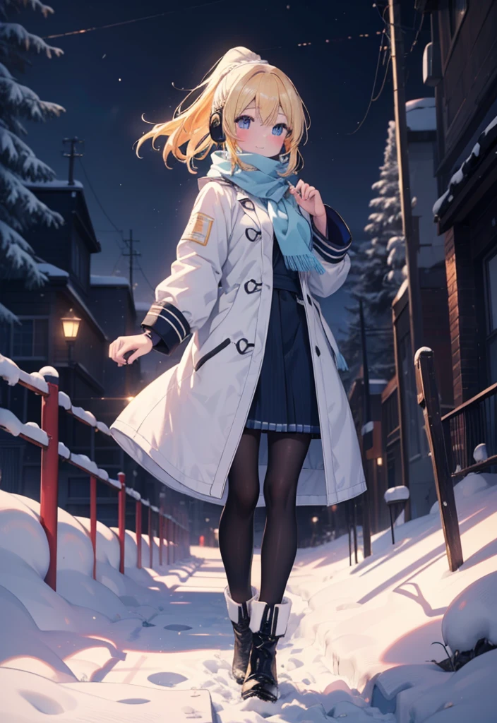 Eliase, catalyst, Yellow Hair, blue eyes, Hair Ribbon,ponytail,Earmuffs,smile,blush,Open your mouth,White Breath,White scarf,Light blue long coat,White long skirt,Black pantyhose,short boots,Walking,snowが降っている,snowが積もっている,snow,snow,snow,night,whole bodyがイラストに入るように,
break looking at viewer,whole body,
break outdoors,Residential Street,
break (masterpiece:1.2), Highest quality, High resolution, unity 8k wallpaper, (figure:0.8), (Beautiful attention to detail:1.6), Highly detailed face, Perfect lighting, Highly detailed CG, (Perfect hands, Perfect Anatomy),