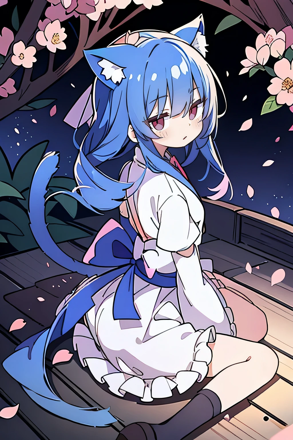 (masterpiece:1.2),Super detailed,lifelike,Expressive eyes,fair skin,perfect face shape,1 girl,
Japanese comics,Gorgeous blue hair,flowing blue hair,flowing clothes,Cat ears,Petals fall,beautiful lola,Baby Angel,
Shaking head with one hand,Cross your legs,,The pavilion is cool and comfortable,smile,back views,sunrise,Petals fall,sunrise