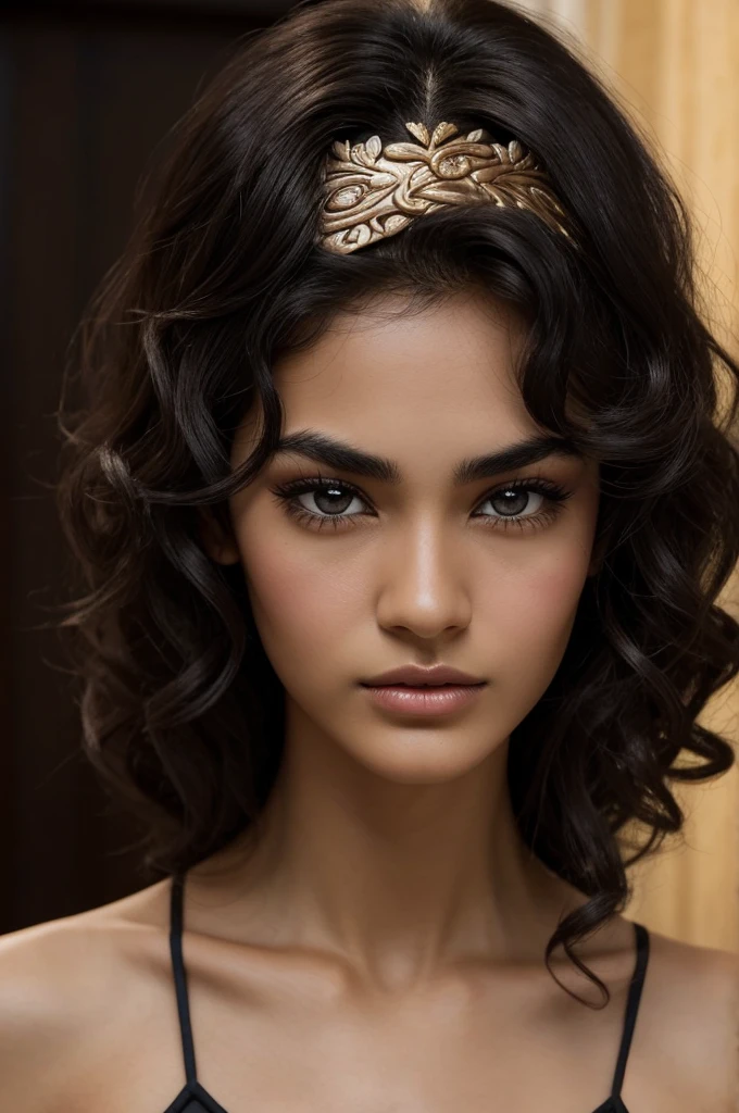 Dark brunette girl, slim, somewhat square face, with somewhat mature features, slightly marked chin, slightly marked cheekbones, nariz alata, slim y recta no chata, dark almond eyes, strong and somewhat sad look, small eyes, semi-abundant long and curly eyelashes, black and square eyebrows, somewhat thick and fleshy lips, cupid&#39;s bow not so marked, normal lip width, short dark copper-brown hair wavy at the level of the collarbones, He doesn&#39;t look more than 17 years old. 