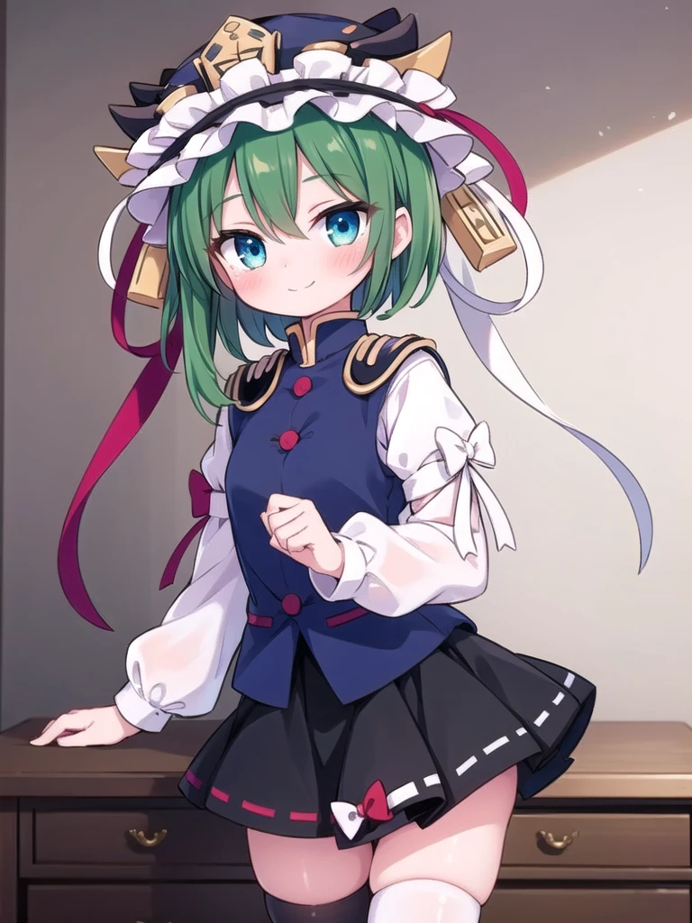 1girl, masterpiece, best quality, perfect hands, smile, blush, shiki eiki, hat, blue vest, white shirt, black shirt, green hair, short hair, long sleeves, bow, blue eyes, ribbon, red bow, ribbon-trimmed skirt, very short skirt, black skirt, black thighhighs, white thighhighs, alternate color thighhighs
