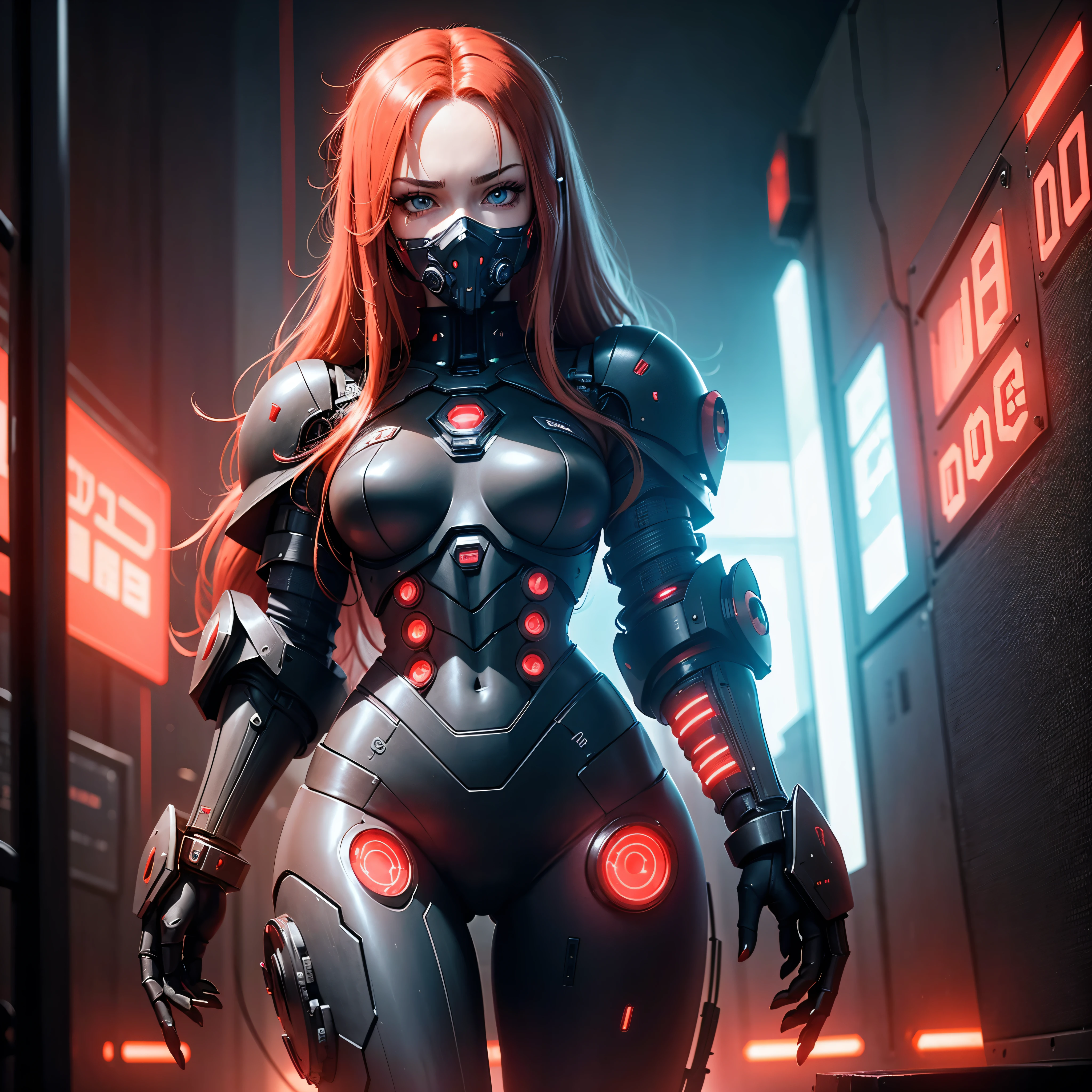 View from below, angle from below, flat horizon photo, Girl android , she has long red hair, she has a mask on her face, a respirator, a woman with sexy hips, half cyborg, nanotechnological modifications. Beautiful face, black metal cybernetic android robot body in black color, with red lines of indicators and diodes with many red parts, cybernetic armor with a red glow from under the joints and joints, she has blue eyes and stands tall , frame with a flat horizon, Anime Style Photography , Red Lasers, black background Cyberpunk style, the camera films Her from below, lower angle of photography, black background image of a night black city and red neon lights, red lamps, red lighting, red flashes in the background