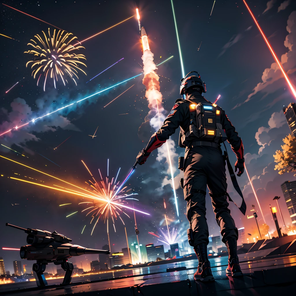 multi-colored rays from rockets, lasers and shots against the background of war in the night city