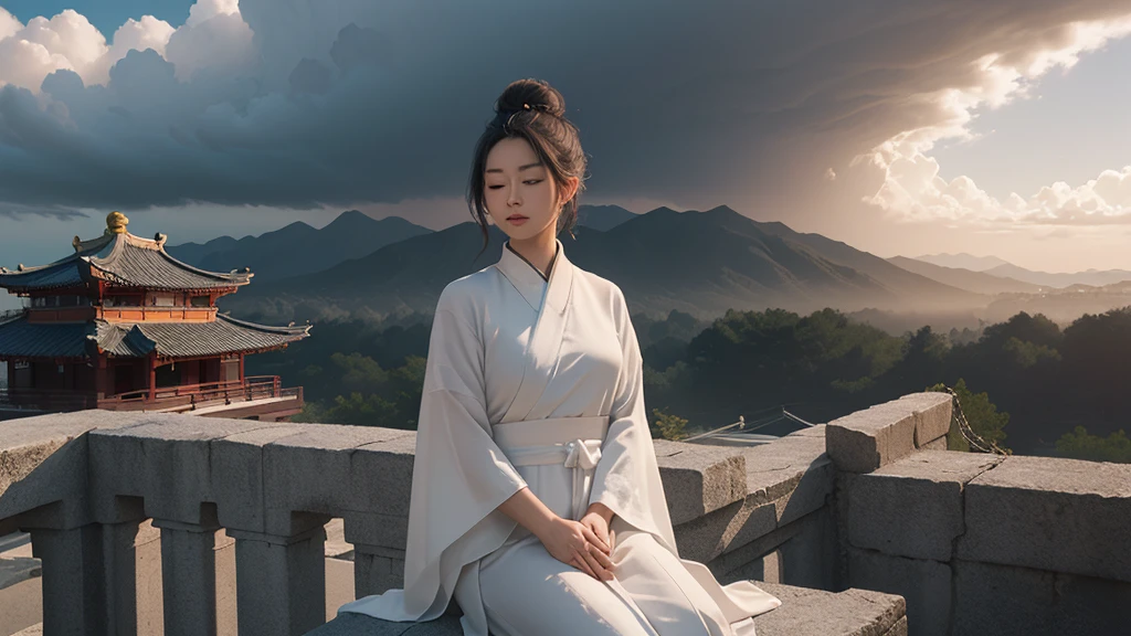 (RAW photo, best quality), (realistic, photo-realistic:1.3), extremely delicate and beautiful, Amazing, finely detail, masterpiece, ultra-detailed, highres,(best illustration), (best shadow),intricate,
A beautiful female Taoist priest wearing white see through robe, hair bun,sits on the eaves of the Taoist temple, overlooking the meditating priests below. In the distance, there are pavilions, towers, and distant mountains adorned with floating clouds,(loong in the background:1.3),sunset,storm,
sharp focus, volumetric fog, 8k UHD, DSLR, high quality, (film grain:1.4), Fujifilm XT3,