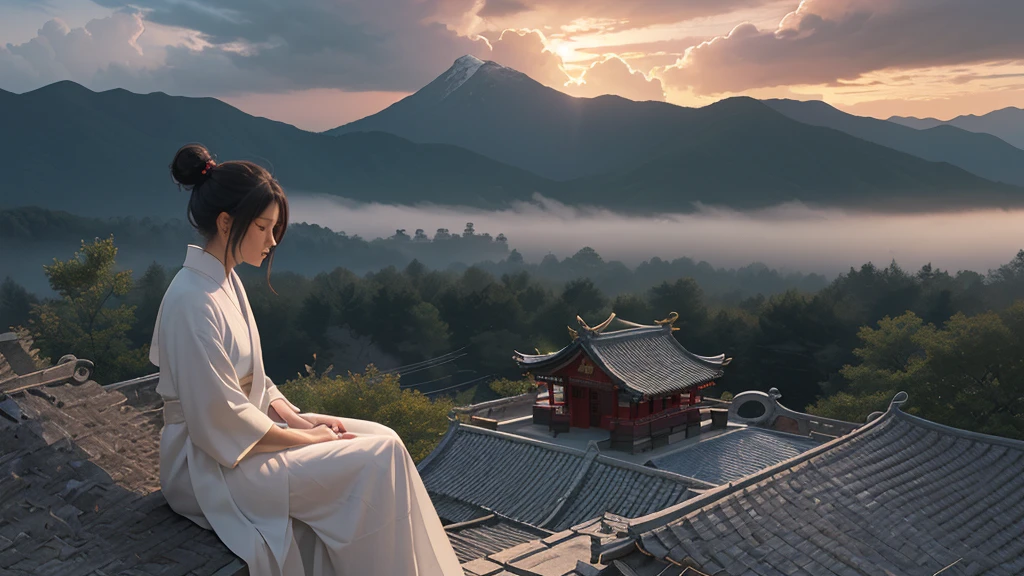(RAW photo, best quality), (realistic, photo-realistic:1.3), extremely delicate and beautiful, Amazing, finely detail, masterpiece, ultra-detailed, highres,(best illustration), (best shadow),intricate,
A beautiful female Taoist priest wearing white see through robe, hair bun,sits on the eaves of the Taoist temple, overlooking the meditating priests below. In the distance, there are pavilions, towers, and distant mountains adorned with floating clouds,(loong in the background:1.3),sunset,storm,
sharp focus, volumetric fog, 8k UHD, DSLR, high quality, (film grain:1.4), Fujifilm XT3,