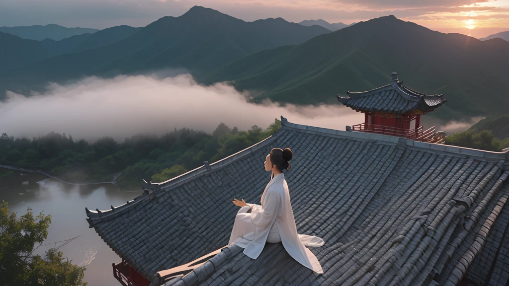 (RAW photo, best quality), (realistic, photo-realistic:1.3), extremely delicate and beautiful, Amazing, finely detail, masterpiece, ultra-detailed, highres,(best illustration), (best shadow),intricate,
A beautiful female Taoist priest wearing white see through robe, hair bun,sits on the eaves of the Taoist temple, overlooking the meditating priests below. In the distance, there are pavilions, towers, and distant mountains adorned with floating clouds,(loong in the background:1.3),sunset,storm,
sharp focus, volumetric fog, 8k UHD, DSLR, high quality, (film grain:1.4), Fujifilm XT3, 