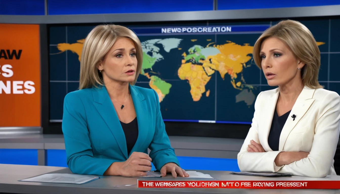 Two news presenters, side by side on the presentation bench, talk, unhappy with a subject. Characteristic background of newscasts in the style of major TV stations. studio lighting. TV screen appearance with headlines playing below.