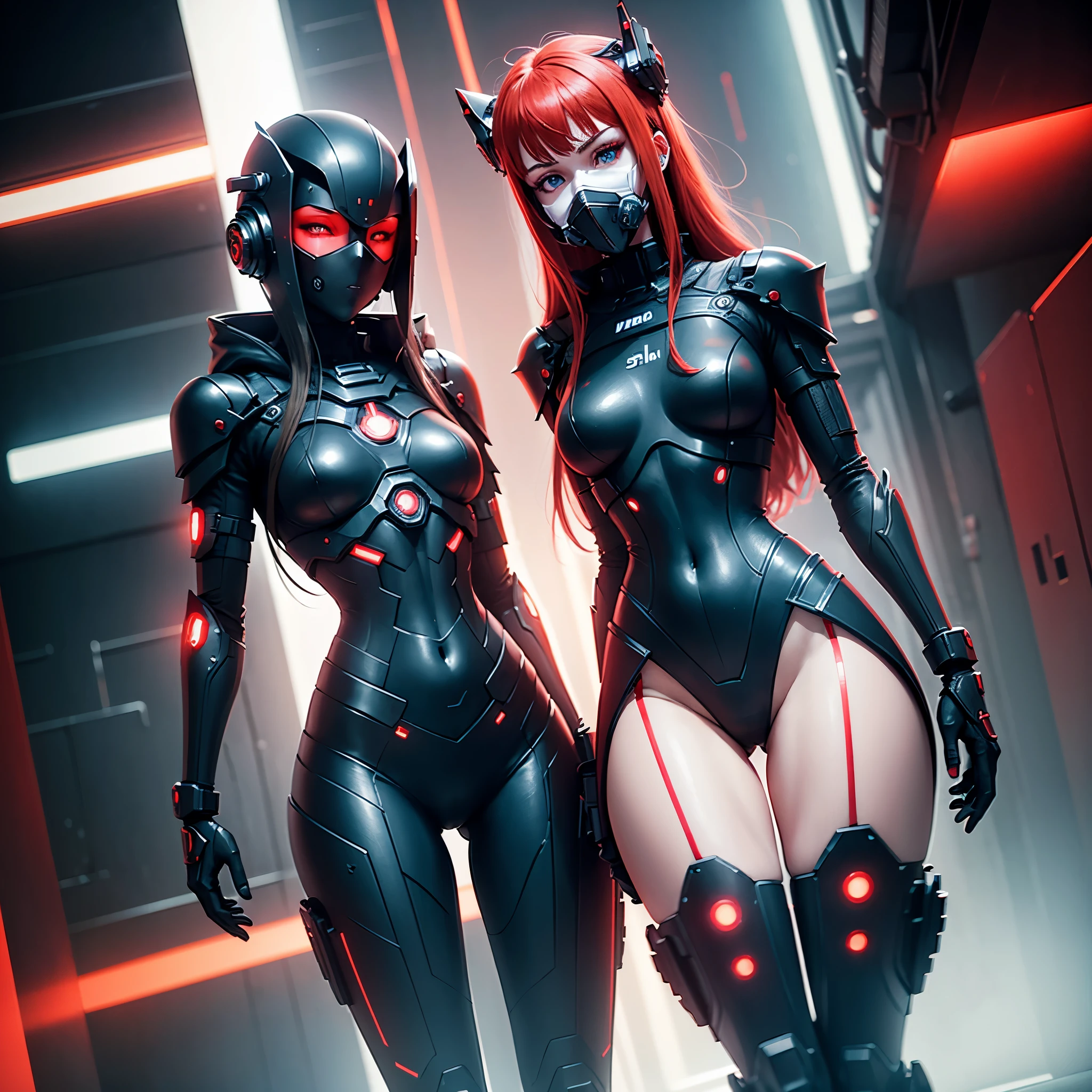 View from below, angle from below, flat horizon photo, Girl android , she has long red hair, she has a mask on her face, a respirator, a woman with sexy hips, half cyborg, nanotechnological modifications. Beautiful face, black metal cybernetic android robot body in black color, with red lines of indicators and diodes with many red parts, cybernetic armor with a red glow from under the joints and joints, she has blue eyes and stands tall , frame with a flat horizon, Anime Style Photography , Red Lasers, black background Cyberpunk style, the camera films Her from below, lower angle of photography, black background image of a night black city and red neon lights, red lamps, red lighting, red flashes in the background