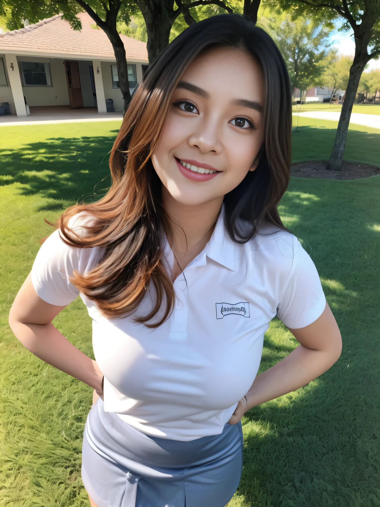 1girl, solo, (uniform), standing, outdoors, (ultra wide angle shot: 1.4), beautiful scenery, detailed face, seductive smile, detailed eyes, thick breasts, smooth skin, tight white shirt, grey blue short skirt, looking at the audience, low angle shot,(8k, RAW photo, best quality, masterpiece: 1.2), (realistic, realistic: 1.37), ultra-high resolution