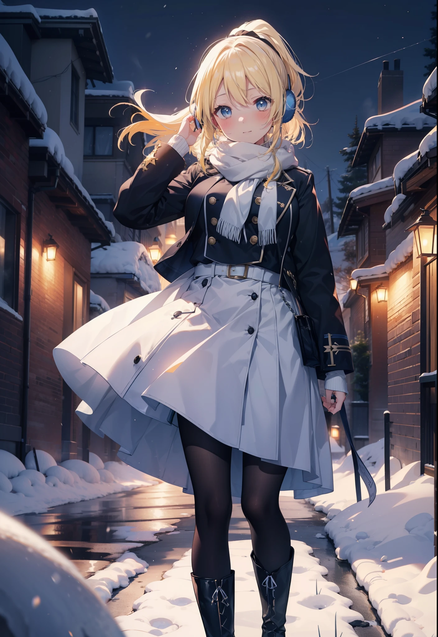 Eliase, catalyst, Yellow Hair, blue eyes, Hair Ribbon,ponytail,Earmuffs,smile,blush,Open your mouth,White Breath,White scarf,Light blue long coat,White long skirt,Black pantyhose,short boots,Walking,snowが降っている,snowが積もっている,snow,snow,snow,night,whole bodyがイラストに入るように,
break looking at viewer,whole body,
break outdoors,Residential Street,
break (masterpiece:1.2), Highest quality, High resolution, unity 8k wallpaper, (figure:0.8), (Beautiful attention to detail:1.6), Highly detailed face, Perfect lighting, Highly detailed CG, (Perfect hands, Perfect Anatomy),