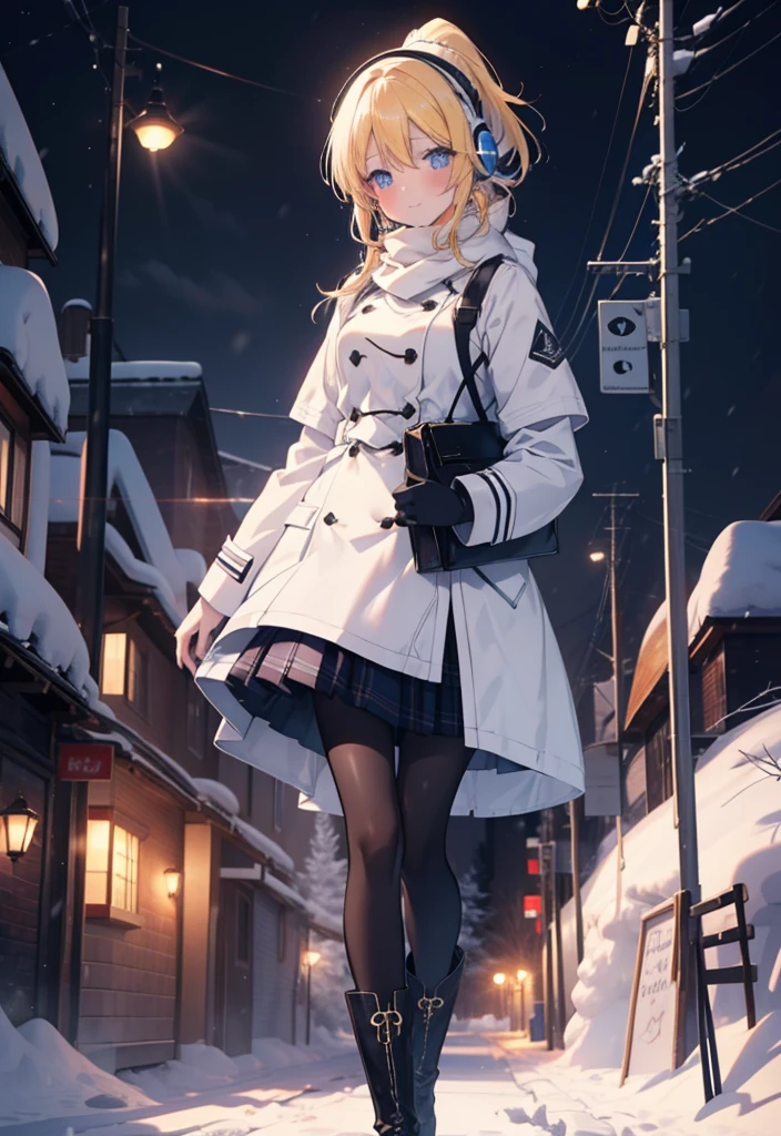 Eliase, catalyst, Yellow Hair, blue eyes, Hair Ribbon,ponytail,Earmuffs,smile,blush,Open your mouth,White Breath,White scarf,Light blue long coat,White long skirt,Black pantyhose,short boots,Walking,snowが降っている,snowが積もっている,snow,snow,snow,night,whole bodyがイラストに入るように,
break looking at viewer,whole body,
break outdoors,Residential Street,
break (masterpiece:1.2), Highest quality, High resolution, unity 8k wallpaper, (figure:0.8), (Beautiful attention to detail:1.6), Highly detailed face, Perfect lighting, Highly detailed CG, (Perfect hands, Perfect Anatomy),