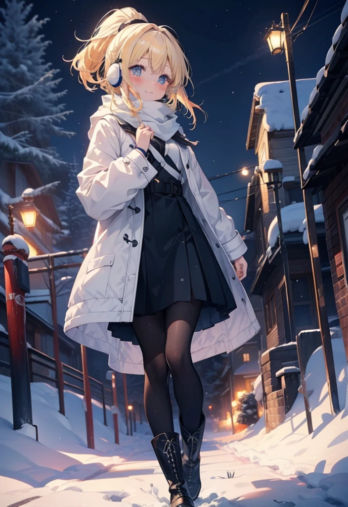 Eliase, catalyst, Yellow Hair, blue eyes, Hair Ribbon,ponytail,Earmuffs,smile,blush,Open your mouth,White Breath,White scarf,Light blue long coat,White long skirt,Black pantyhose,short boots,Walking,snowが降っている,snowが積もっている,snow,snow,snow,night,whole bodyがイラストに入るように,
break looking at viewer,whole body,
break outdoors,Residential Street,
break (masterpiece:1.2), Highest quality, High resolution, unity 8k wallpaper, (figure:0.8), (Beautiful attention to detail:1.6), Highly detailed face, Perfect lighting, Highly detailed CG, (Perfect hands, Perfect Anatomy),