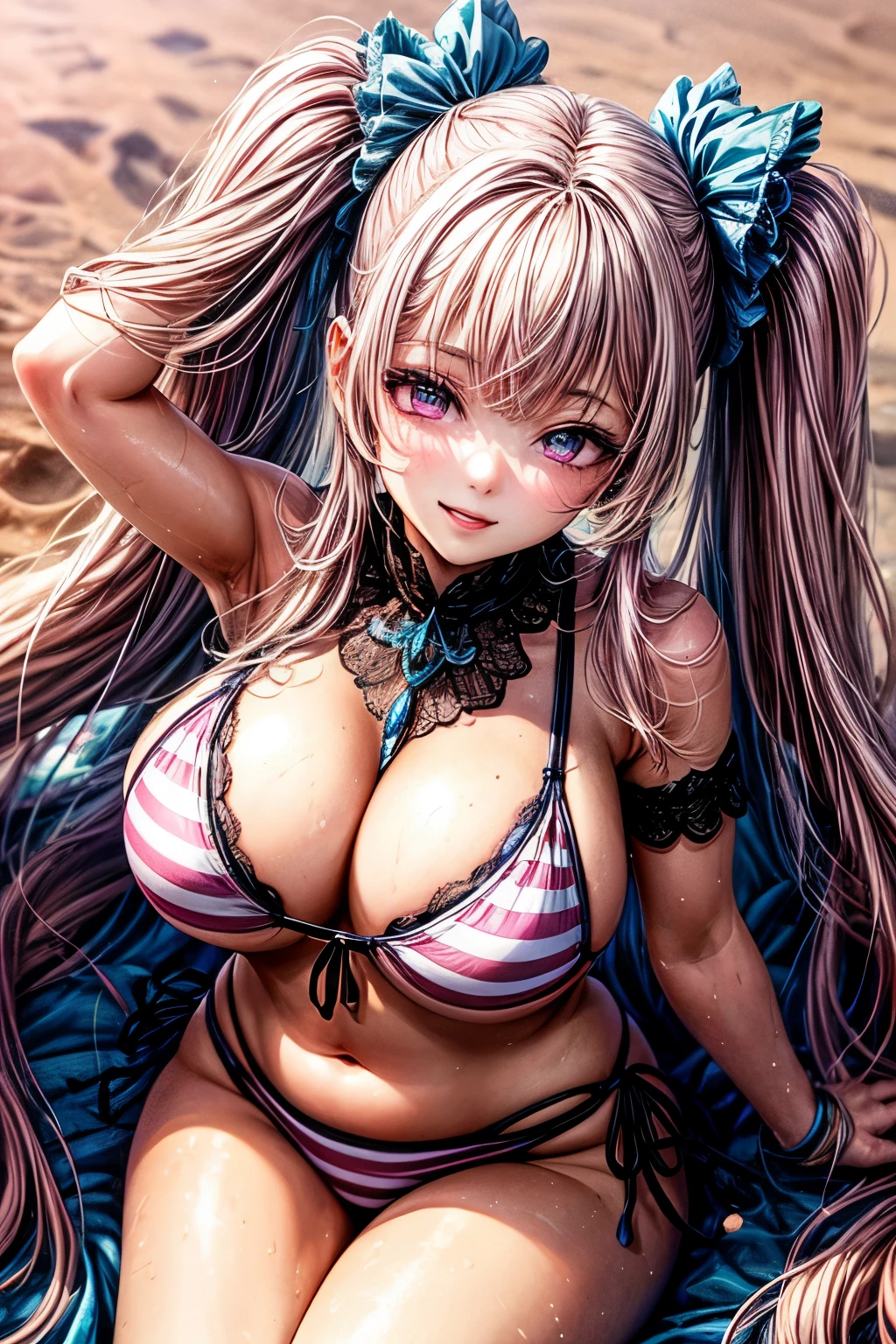 {worst quality, low quality}, ((girl photo)), solo, big breasts, clear eyes and plump lips, ((beautiful pink eyes ):1.2), Spoken heart, (Perfect hands: 1.3), (pink hair, Twin tails), (pink and white striped bikini), arms behind head, cute pose, The best smile, The background is a beautiful sandy beach, a clear blue sky, and dazzling sunlight, wariza, from above, dynamic angle, Must-Have, Best Quality, Super Detailed,