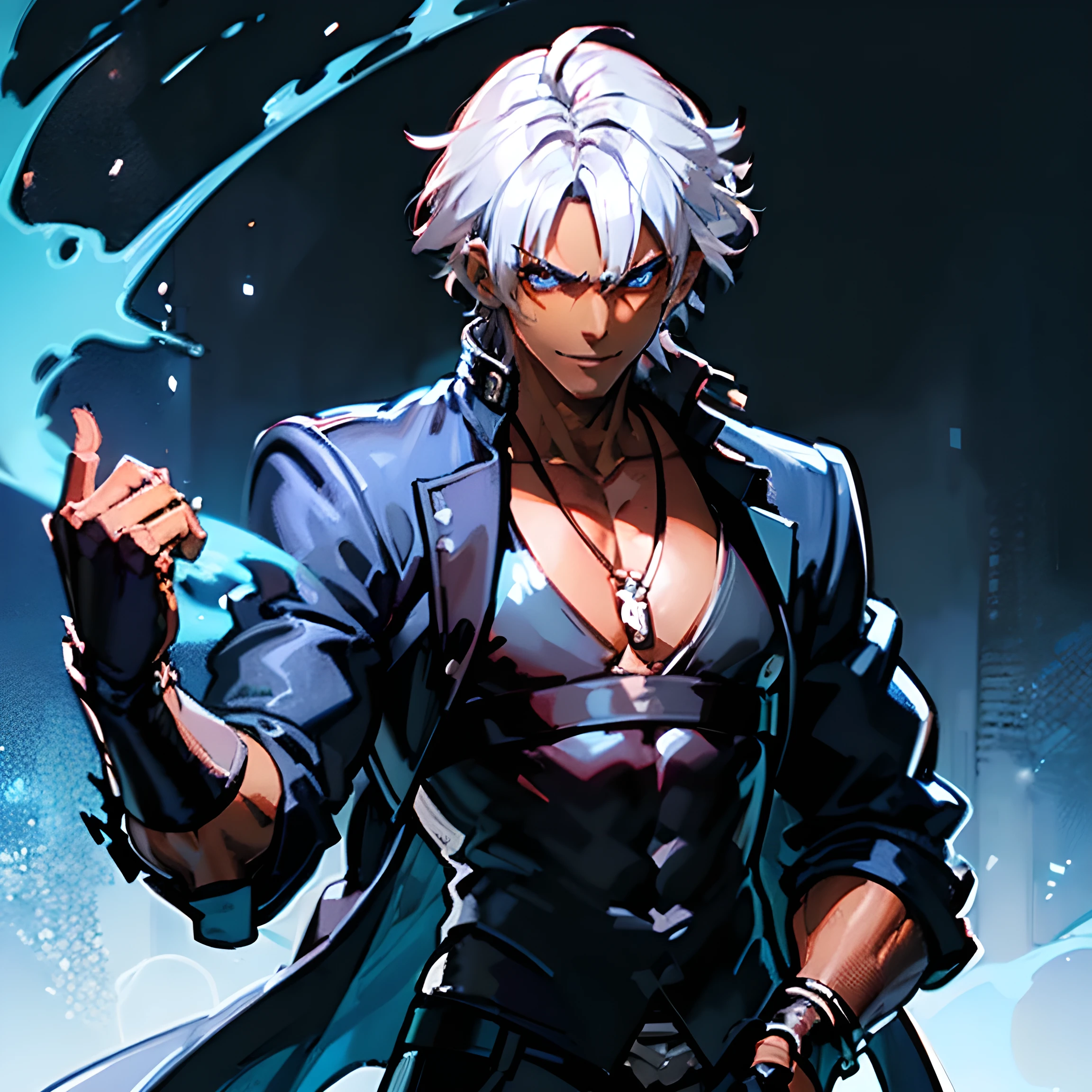 A Dark skinned young anime man, side swept silver hair, fiery light blue eyes, producing blue fire out of his fist, wearing a blue combat trench coat over a black tank top with black slacks and a chain on the hip, steel necklace with a blue dragon pendant around his neck, with sleeves rolled up to his elbows and a cocky smile