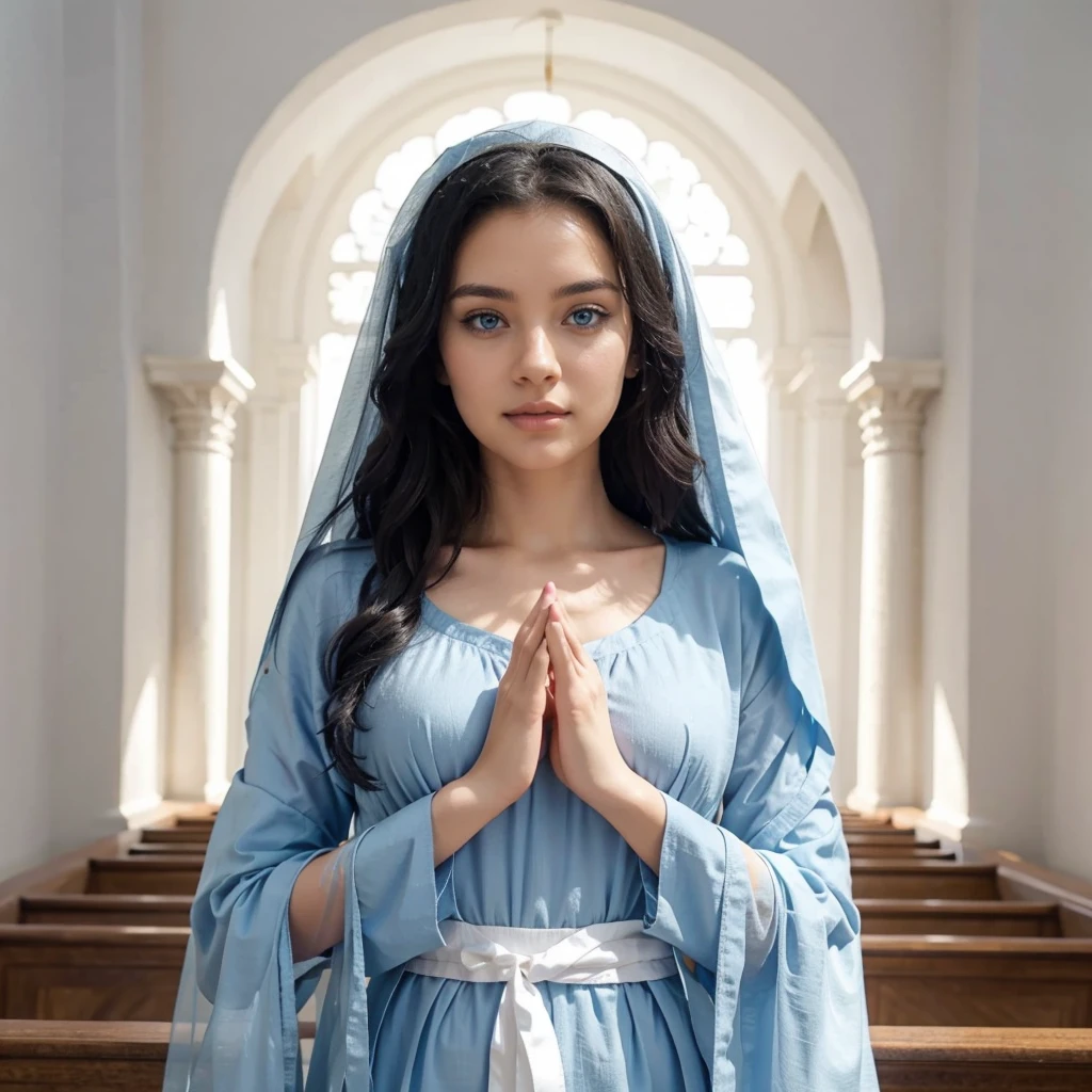 Beautiful woman with open arms, detailed light blue eyes, Curly black hair. wearing a blue tunic with wide, long sleeves adjusted at the waist by an interlaced white sash