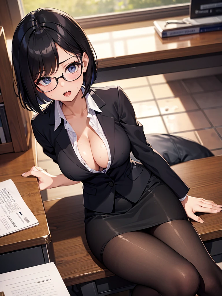 masterpiece, best quality, high definition images, atmospheric perspective, expressive eyes, perfect face, ultra detailed, solo, 1mature seductive woman lying down on desk, shy, pinup, sexy pose, alluring pose, female teacher, black short bob hair, simple glasses, business suit, jacket, blouse, cleavage, pencil skirt, tight mini skirt, lifting skirt, black panties, curvy, thighs, pantyhose, high heals, spread legs, look ecstasy, sweaty, open mouth, from above, in study room,