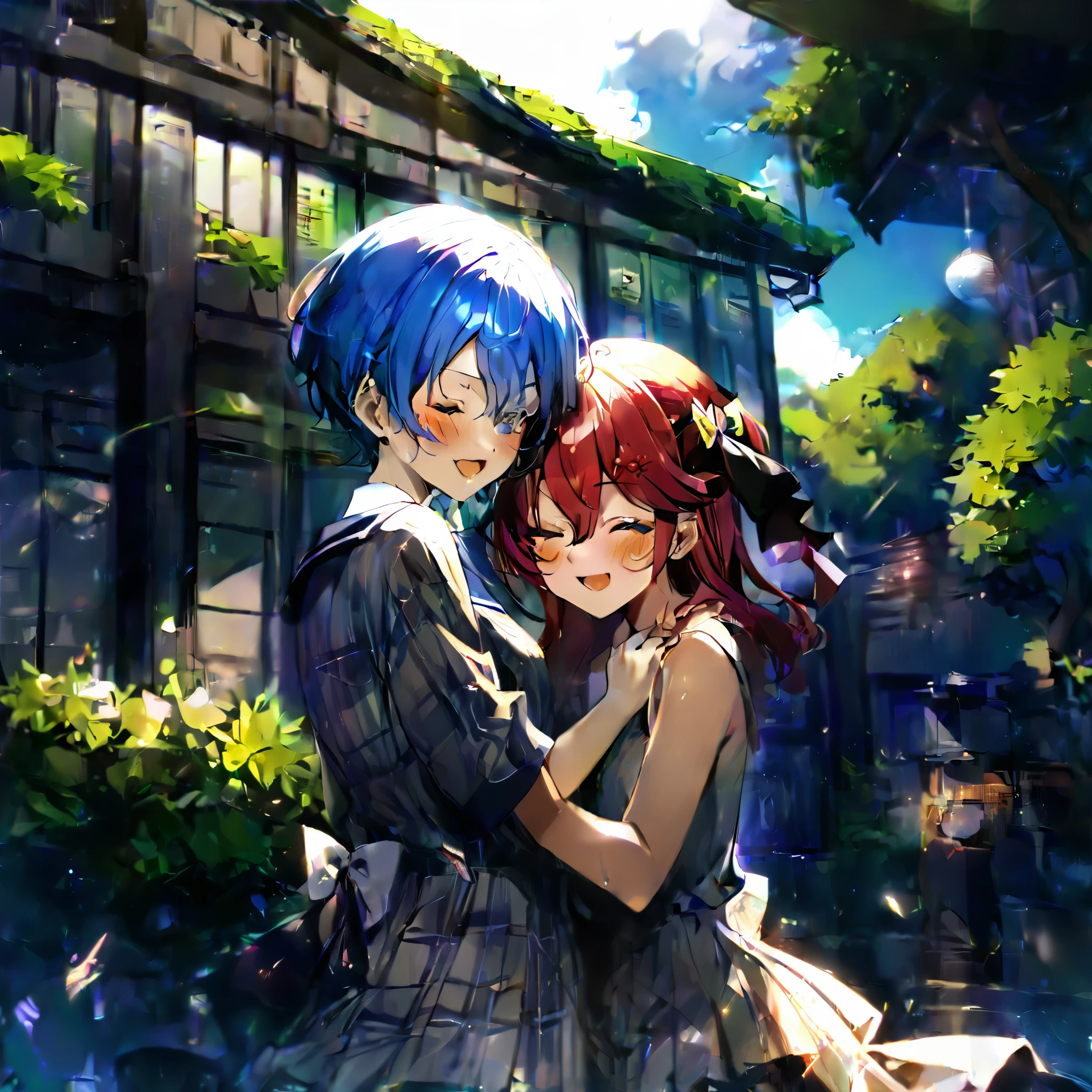 (((2girls))), together, two people, masterpiece, best quality,, extremely delicate and beautiful, meticulous details, good composition, closed_eyes, cute face, perfect face, perfect hands, fingernails, sakura miko, SakuraMiko, HoshimachiSuisei, hoshimachi suisei, sunlight, light blush, ((school)),, looking each other, smile, , (hugging each other),in_school,sunlight,kissing,happiness,(?????_girls:1.5),,sweat,bare,thighs,bare_torso,light up,open_mouth,High_quality_lighting,