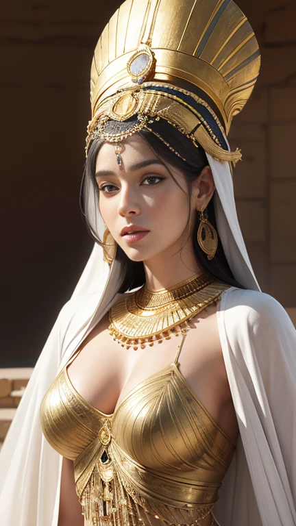 Hyper-realistic atonalism style, gouache, ink wash, opaque colors and low key lighting, beautiful woman of Egyptian in thin white robe, subtle details, colorful and gold ancient Egypt jewelry ,beautiful breast, chest press together, medium long shot ,elegance pose, splash ink, ancient Egypt sandstone temple background, matte painting, Unreal Engine 5.