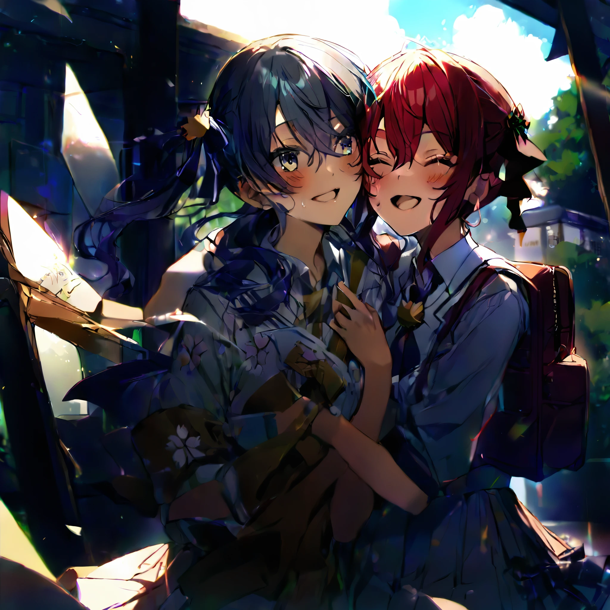(((2girls))), together, two people, masterpiece, best quality,, extremely delicate and beautiful, meticulous details, good composition, closed_eyes, cute face, perfect face, perfect hands, fingernails, sakura miko, SakuraMiko, HoshimachiSuisei, hoshimachi suisei, sunlight, light blush, ((school)),, looking each other, smile, , (hugging each other),in_school,sunlight,kissing,happiness,(naked_girls:1.5),,sweat,bare,thighs,bare_torso,light up,open_mouth,High_quality_lighting,