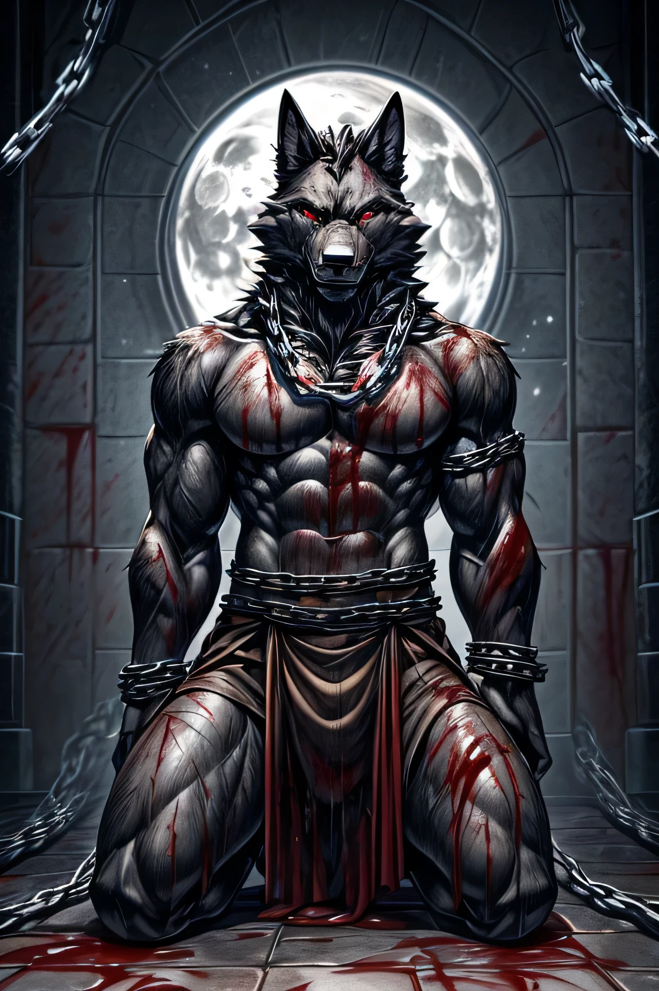 a black wolf,sexy, high, slim and well defined body,piercing red eyes, elegant white horns,((very ugly and very horrible brown loincloths)),(bottom:let it be dark in a room,a moon,full of chains,only the black wolf kneeling in front with many chains holding,his hands wrists are behind his back with chains,upset face,have chains securely fastening on your thighs and paws),(((bathed in blood all over his well-defined body(1.4))),(((very serious injuries (1.4))),(((Well-defined bumps or marks all over your body))),(((full of blood all over the floor(1.1))),