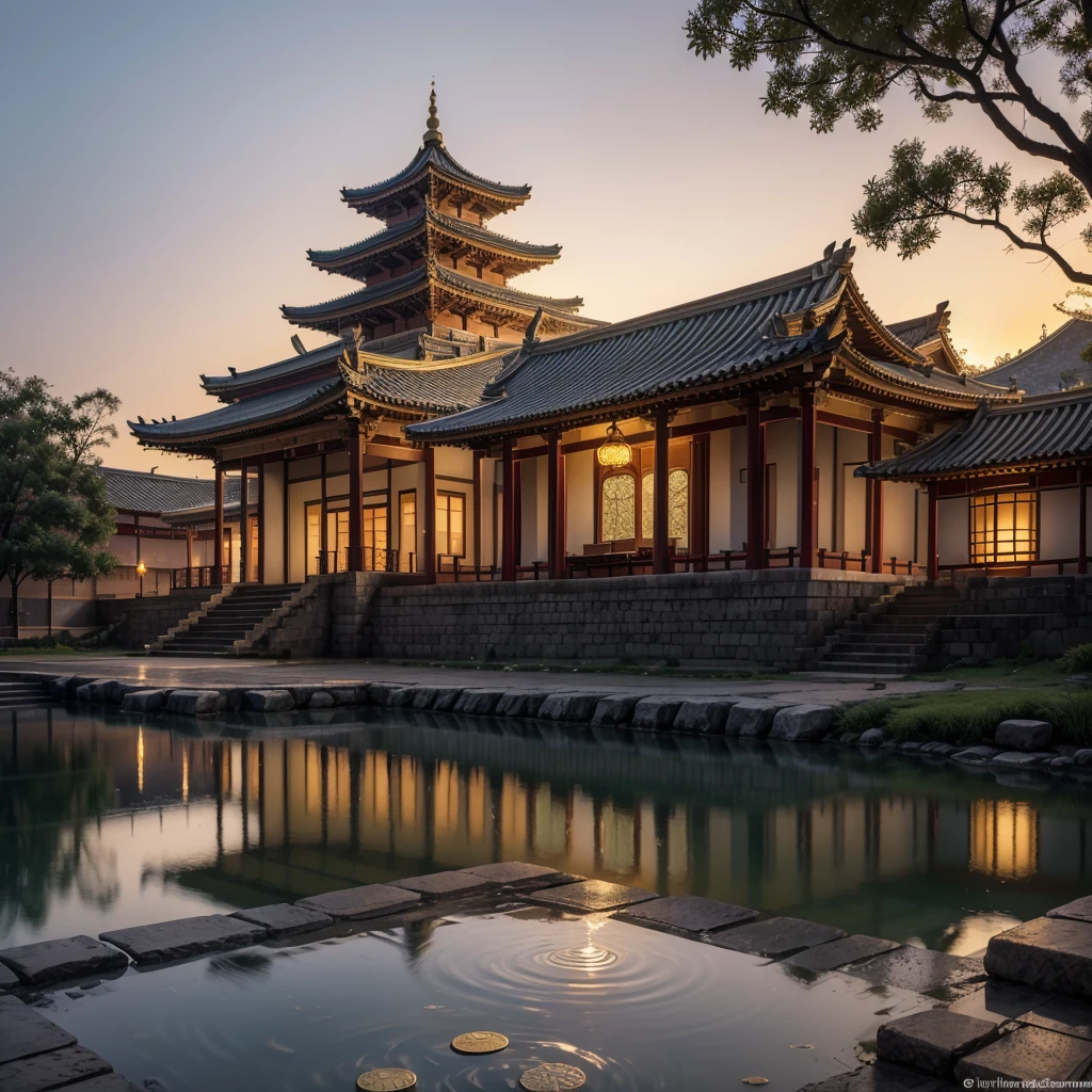 Imagine a stunning scene in the light of sunrise in an ancient and mystical city. The cobblestone streets glisten softly with the morning dew, while red and gold lanterns gently swing above the doors of traditional houses. in the center of the city, a small, curved-roofed temple glows with a soft, golden light. In front of you, a tranquil fountain gushes crystal clear water over golden coins that rest at the bottom of the tank. As the rising sun paints the sky with shades of orange and pink, a faint rainbow timidly emerges next to the temple, symbolizing the promise of good luck and prosperity.
