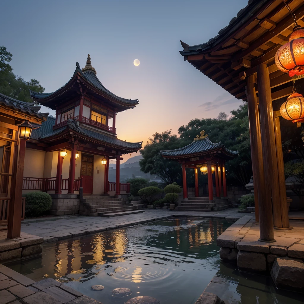 Imagine a stunning scene in the light of sunrise in an ancient and mystical city. The cobblestone streets glisten softly with the morning dew, while red and gold lanterns gently swing above the doors of traditional houses. in the center of the city, a small, curved-roofed temple glows with a soft, golden light. In front of you, a tranquil fountain gushes crystal clear water over golden coins that rest at the bottom of the tank. As the rising sun paints the sky with shades of orange and pink, a faint rainbow timidly emerges next to the temple, symbolizing the promise of good luck and prosperity.