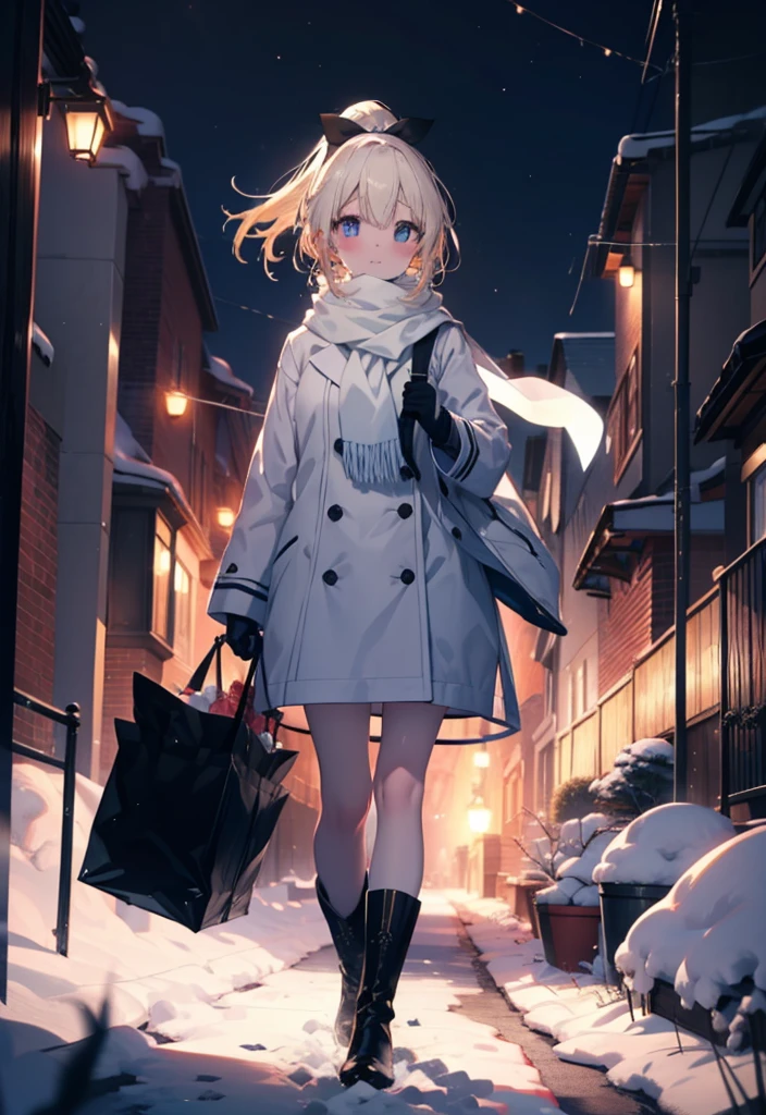 Eliase, catalyst, Yellow Hair, blue eyes, Hair Ribbon,ponytail,Earmuffs,smile,blush,Open your mouth,White Breath,White scarf,Light blue long coat,White long skirt,Black pantyhose,short boots,Walking,snowが降っている,snowが積もっている,snow,snow,snow,night,whole bodyがイラストに入るように,
break looking at viewer,whole body,
break outdoors,Residential Street,
break (masterpiece:1.2), Highest quality, High resolution, unity 8k wallpaper, (figure:0.8), (Beautiful attention to detail:1.6), Highly detailed face, Perfect lighting, Highly detailed CG, (Perfect hands, Perfect Anatomy),