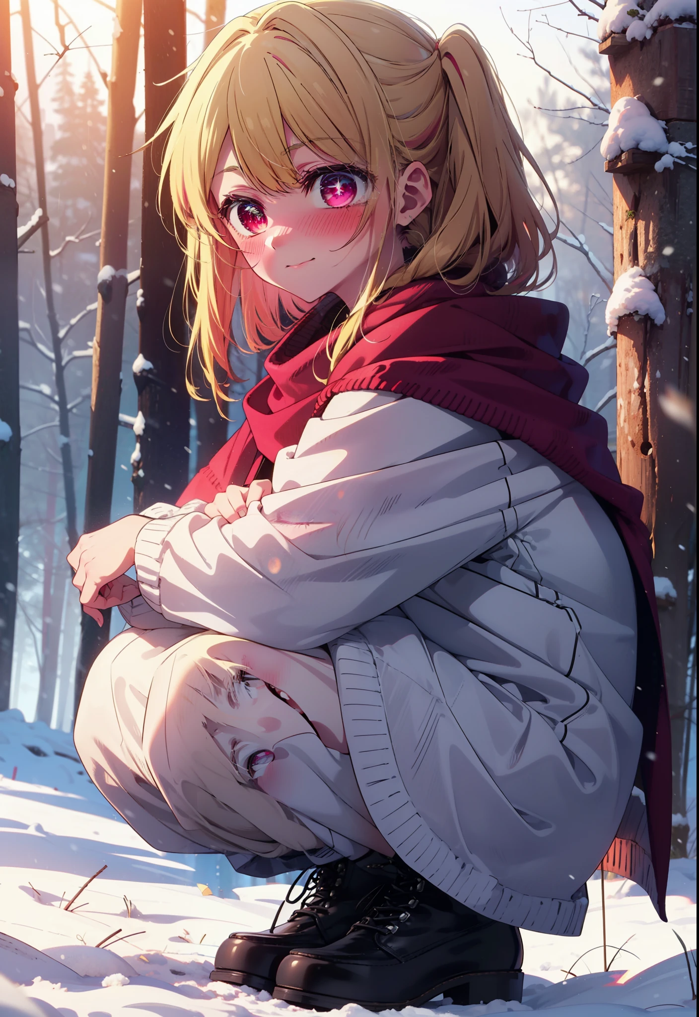 rubyhoshino, Hoshino Ruby, Long Hair, bangs, blonde, (Pink Eyes:1.3), Side Lock, (Symbol-shaped pupil:1.5), Multicolored Hair, Two-tone hair, smile,,smile,blush,white breath,
Open your mouth,snow,Ground bonfire, Outdoor, boots, snowing, From the side, wood, suitcase, Cape, Blurred, , forest, White handbag, nature,  Squat, Mouth closed, Cape, winter, Written boundary depth, Black shoes, red Cape break looking at viewer, Upper Body, whole body, break Outdoor, forest, nature, break (masterpiece:1.2), Highest quality, High resolution, unity 8k wallpaper, (shape:0.8), (Beautiful and beautiful eyes:1.6), Highly detailed face, Perfect lighting, Highly detailed CG, (Perfect hands, Perfect Anatomy),