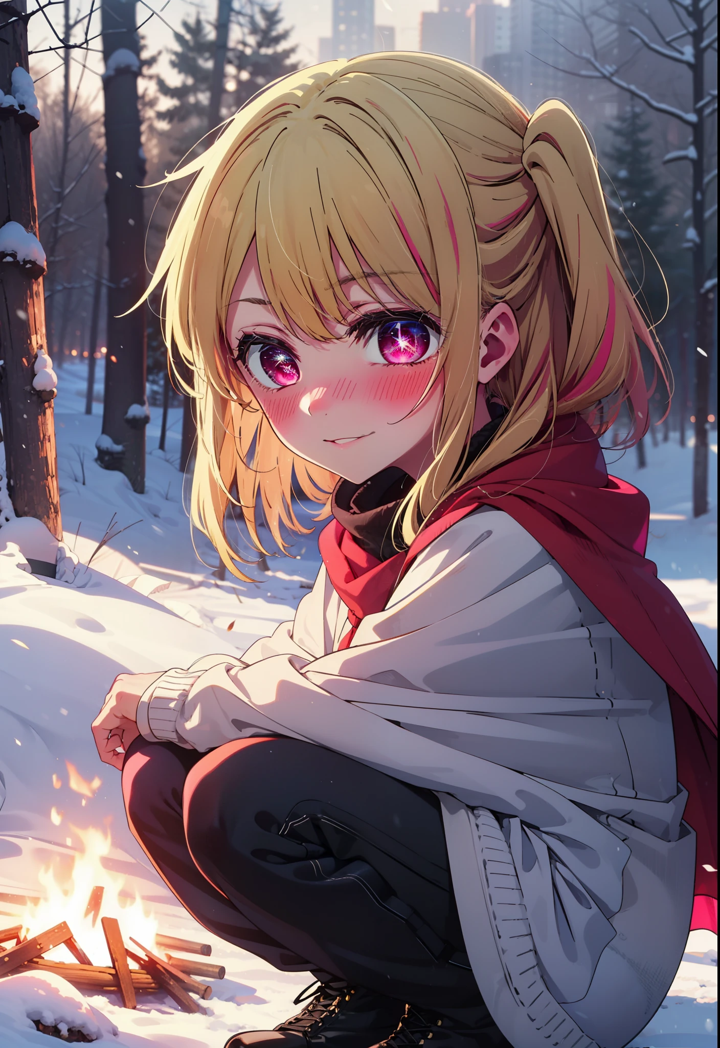 rubyhoshino, Hoshino Ruby, Long Hair, bangs, blonde, (Pink Eyes:1.3), Side Lock, (Symbol-shaped pupil:1.5), Multicolored Hair, Two-tone hair, smile,,smile,blush,white breath,
Open your mouth,snow,Ground bonfire, Outdoor, boots, snowing, From the side, wood, suitcase, Cape, Blurred, , forest, White handbag, nature, Squat, Mouth closed, Cape, winter, Written boundary depth, Black shoes, red Cape break looking at viewer, Upper Body, whole body, break Outdoor, forest, nature, break (masterpiece:1.2), Highest quality, High resolution, unity 8k wallpaper, (shape:0.8), (Beautiful and beautiful eyes:1.6), Highly detailed face, Perfect lighting, Highly detailed CG, (Perfect hands, Perfect Anatomy),