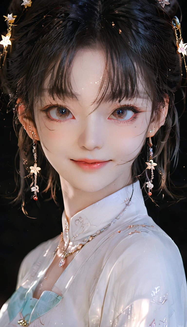 best quality, masterpiece, high resolution, 1 Girl,blush,(Charming smile:0.8),Star-shaped pupil,china hanfu,Hair accessories,necklace, Jewelry,Pretty Face,Above_Body, Tyndall effect,Reality, Dark Studio, Edge lighting, Two-tone lighting,(High Detail Skin:1.2), 8K uhd, Digital SLR Camera, Soft lighting, high quality, Volumetric Lighting, frank, photo, high resolution, 4K, 8K, Bokeh