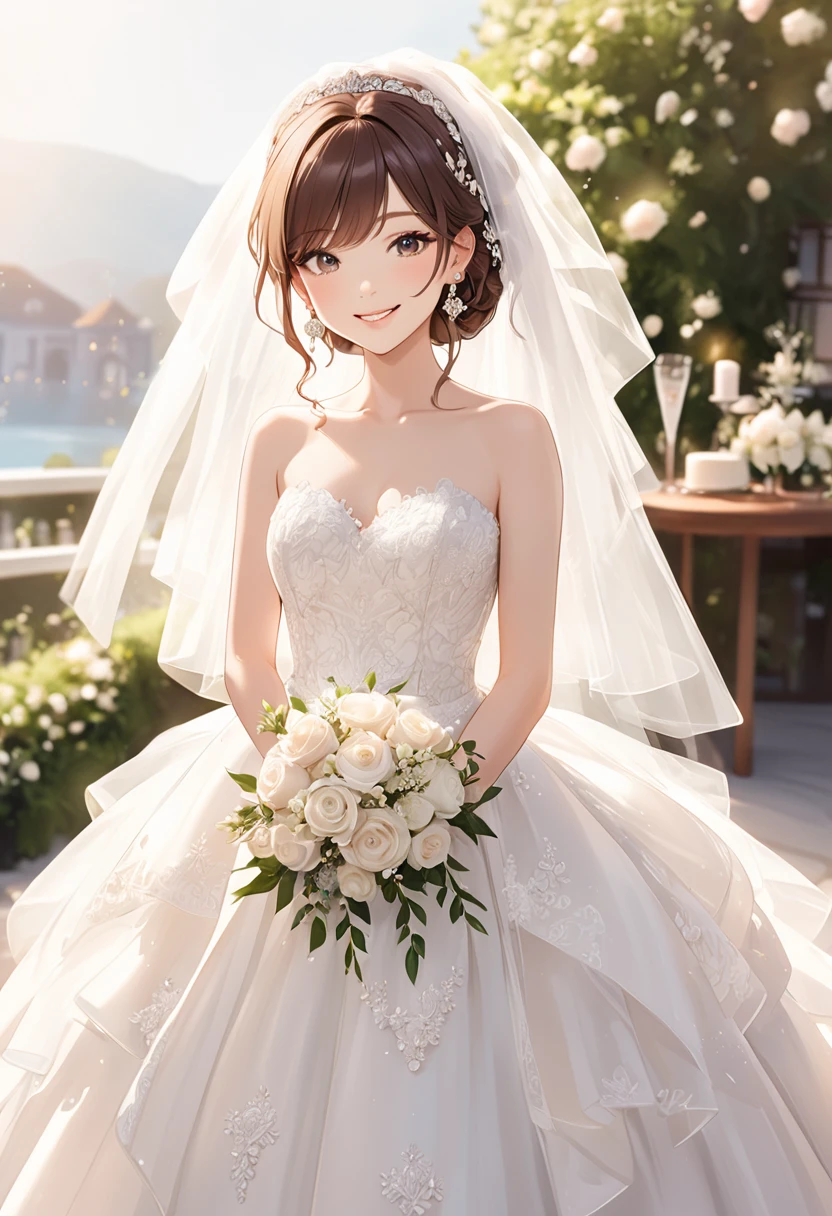 woman,bride,Beauty,white,earrings,Brown Hair,brideヘア,bride,smile,Wedding dress,Are standing,peace sign,20th Generation,reception,close-up head,Still life