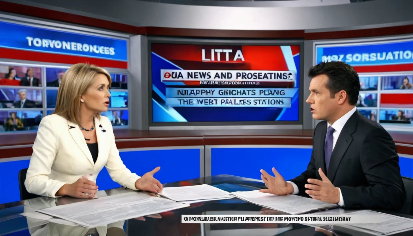 Two news presenters, side by side on the presentation bench, talk, unhappy with a subject. Characteristic background of newscasts in the style of major TV stations. studio lighting. TV screen appearance with headlines playing below.
