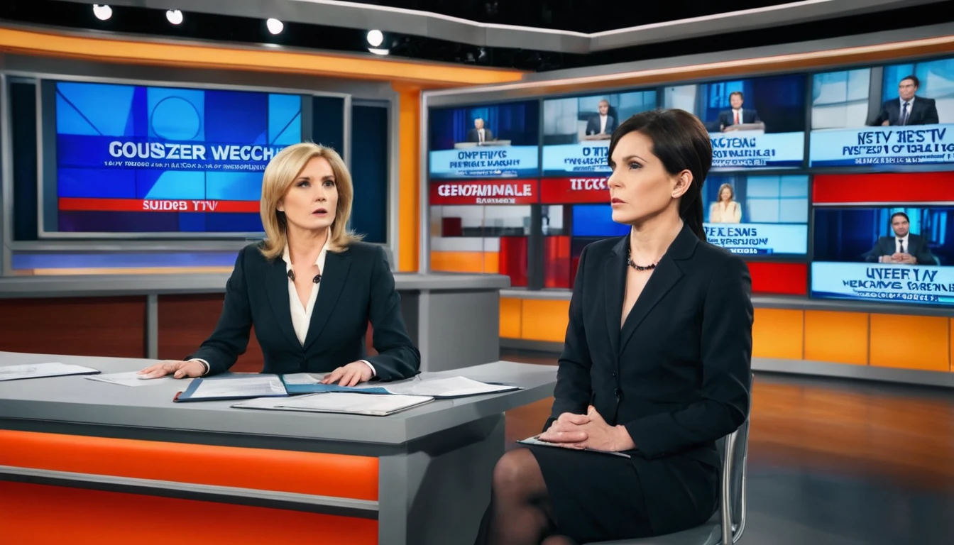 Two news presenters, side by side on the presentation bench, talk, unhappy with a subject. Characteristic background of newscasts in the style of major TV stations. studio lighting. TV screen appearance with headlines playing below.