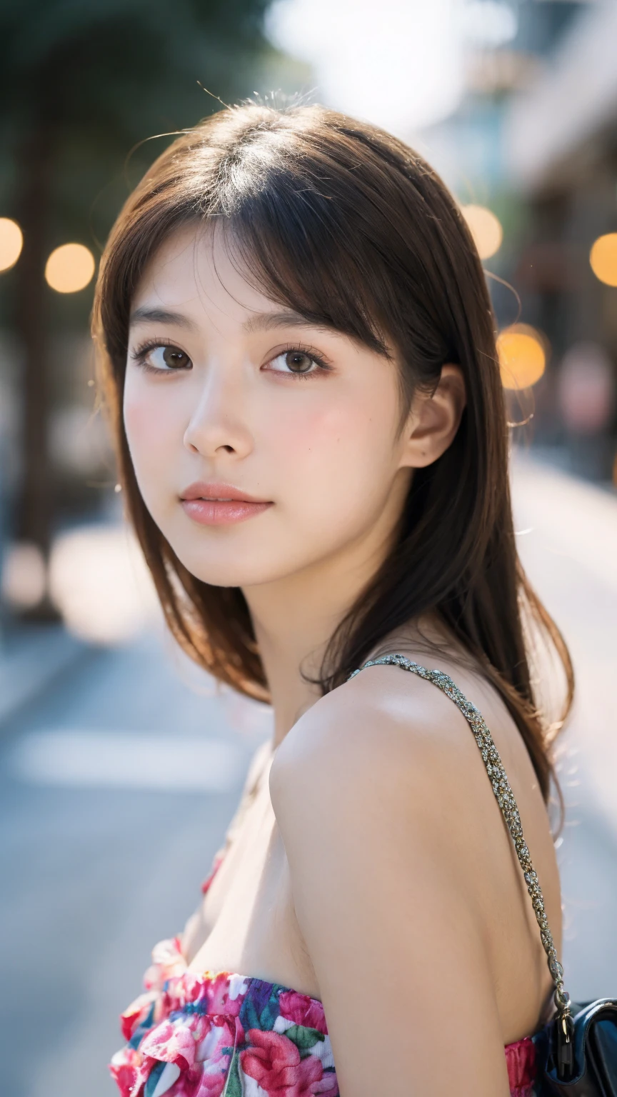 ((Best quality, 8k, masterpiece:1.3)),1girl,18 years old,Asian,Real texture:1.3,(Background blur:1.1),Dress Up,Tall and slender figure:1.2,(Hot summer weather),(street:1.3),Highly detailed face and skin textures,Exquisite eyes,Long eyelashes,Double eyelids,Skin Whitening,happy,Various postures,Beautiful breasts