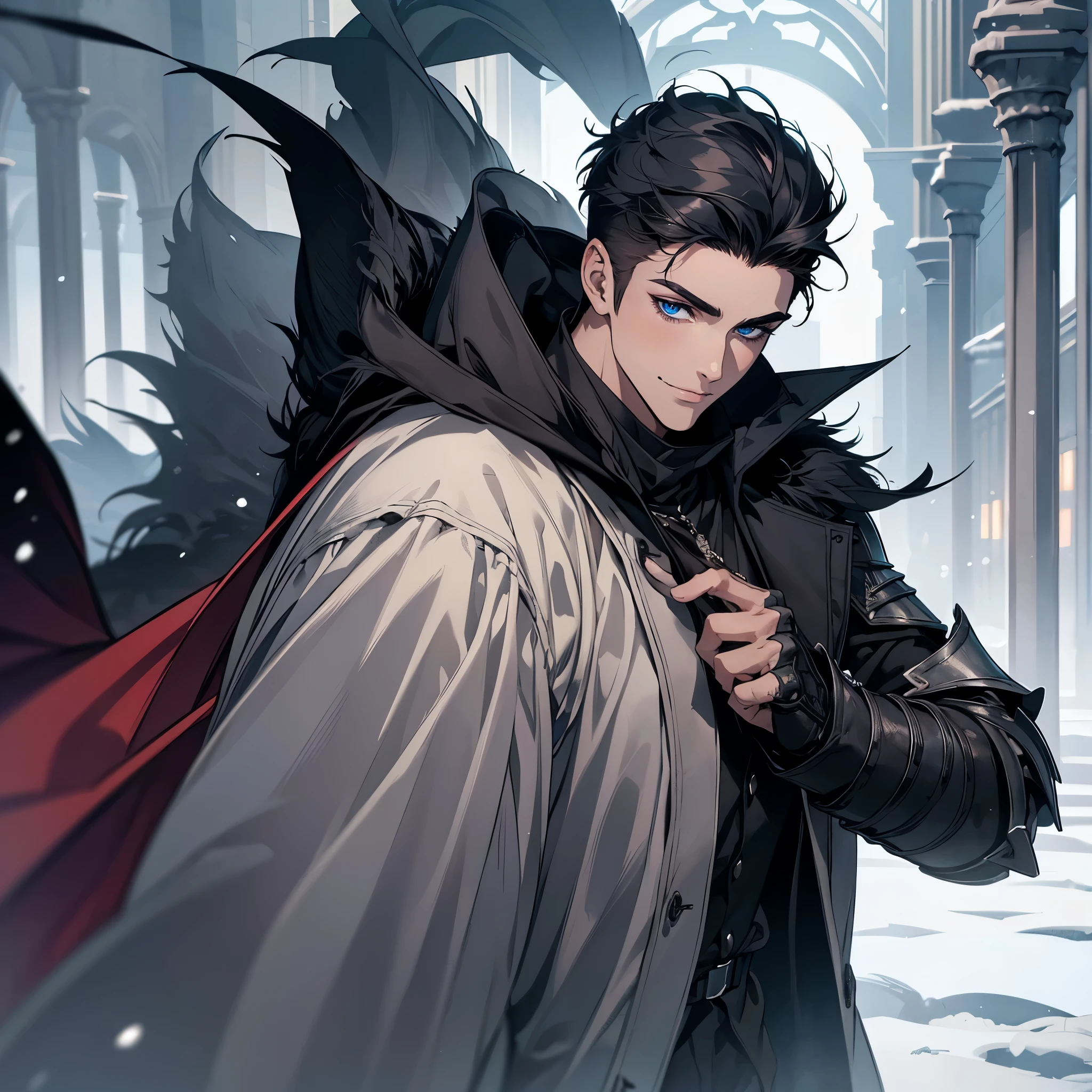 Masterpiece, Highest quality, Heavy snow, Cold Weather, realistic, 1 person, mature man, A quiet and charming young man, 30 years old, smile, gag, Portrait, Highly detailed face, 寒さとsmile, ((blue eyes)), ((black short hair)), [Thick eyebrows], dark palace, ((black long coat)), ((all black)), (blue eyes) ,Short Black Quiff Hair with Soft Fringe, handsome , muscle, Facial expressions, Black Knight Armor , black fur shawl(Masterpiece,best quality,special, (Broad shoulders)) (muscle), male focus, Hand holding a long sword,black two handed sword, His black sword rose high., Face gigantic and terrifying monsters.. Describe the man&#39;s appearance., Details of his sword, Characteristics and characteristics of monsters, and convey the tension and power of the encounter.."