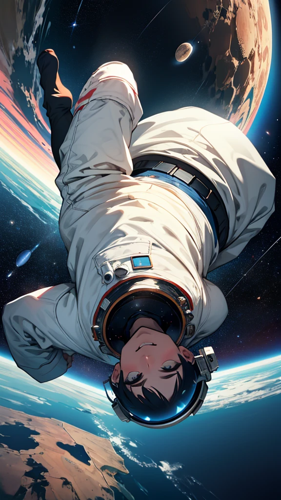 An astronaut on his back on the surface of a planet looking out at the universe the stars and planets above him in space